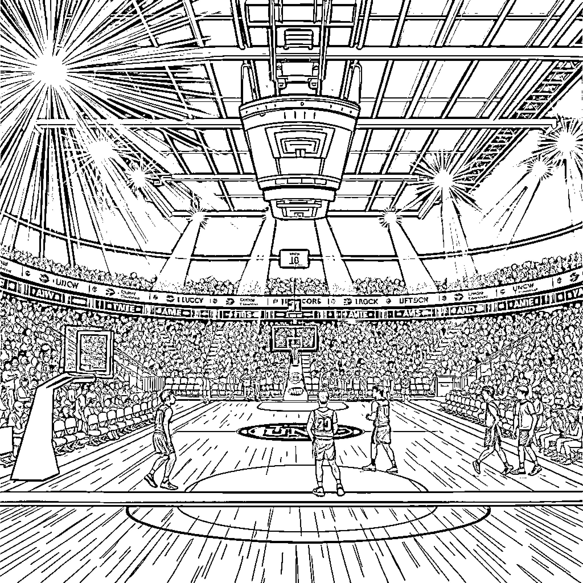 Basketball Court Full of Energy and Action Coloring Page (free black-and-white line drawing printable PDF for all, from beginners to advanced learners, including children, teens, adults, and seniors)