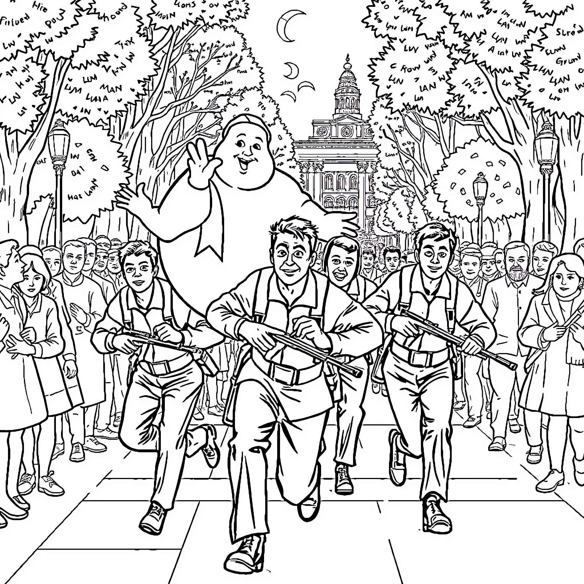 Ghostbusters in action: Capturing supernatural entities in the city Coloring Page (free black-and-white line drawing printable PDF for all, from beginners to advanced learners, including children, teens, adults, and seniors)