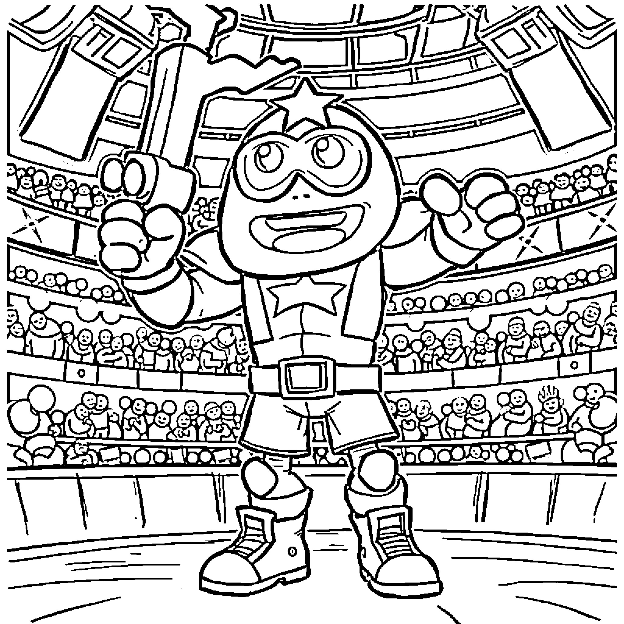 Kit's Exciting Day at the Arena Coloring Page (free black-and-white line drawing printable PDF for all, from beginners to advanced learners, including children, teens, adults, and seniors)