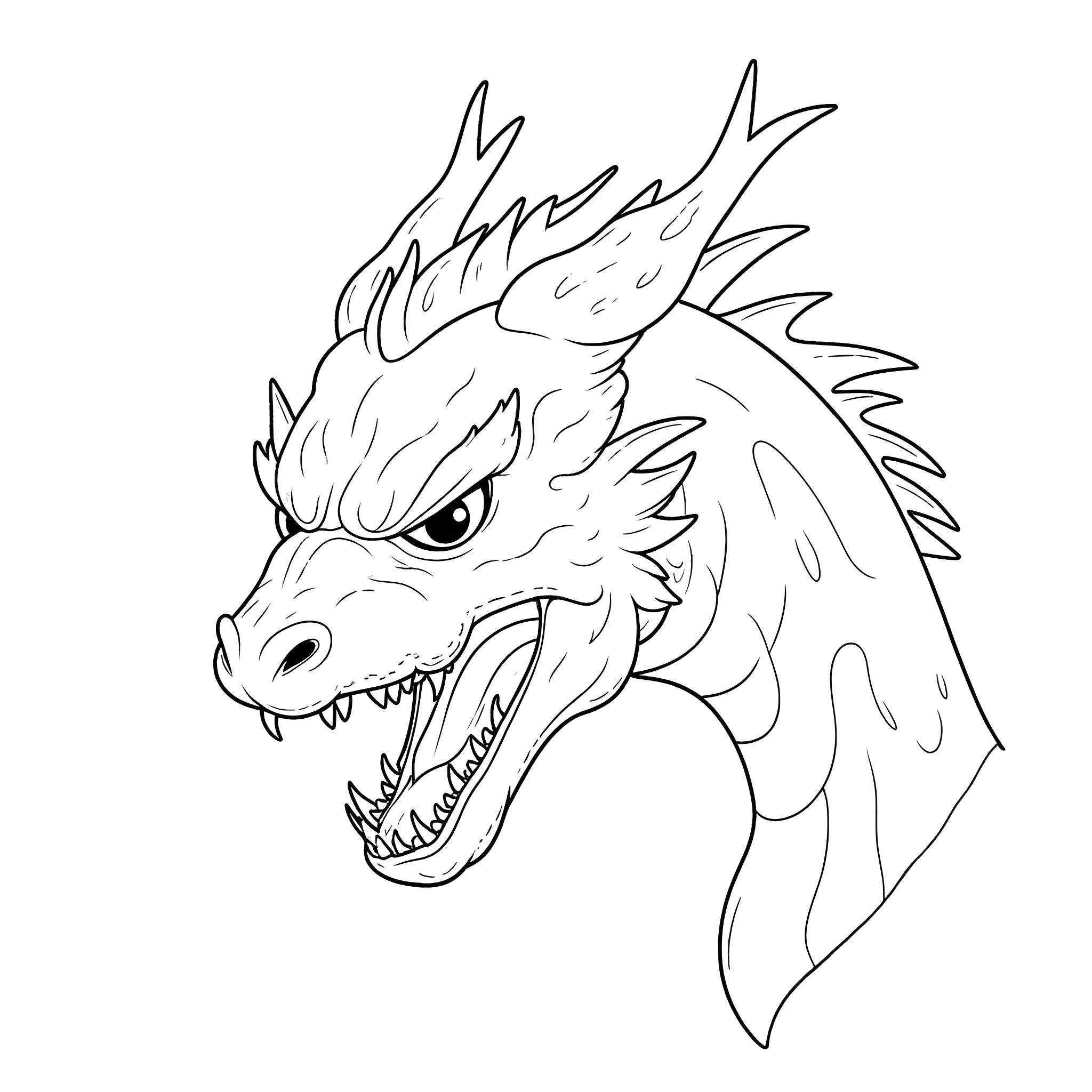 Dragon with fierce expression and sharp fangs Coloring Page (free black-and-white line drawing printable PDF for all, from beginners to advanced learners, including children, teens, adults, and seniors)