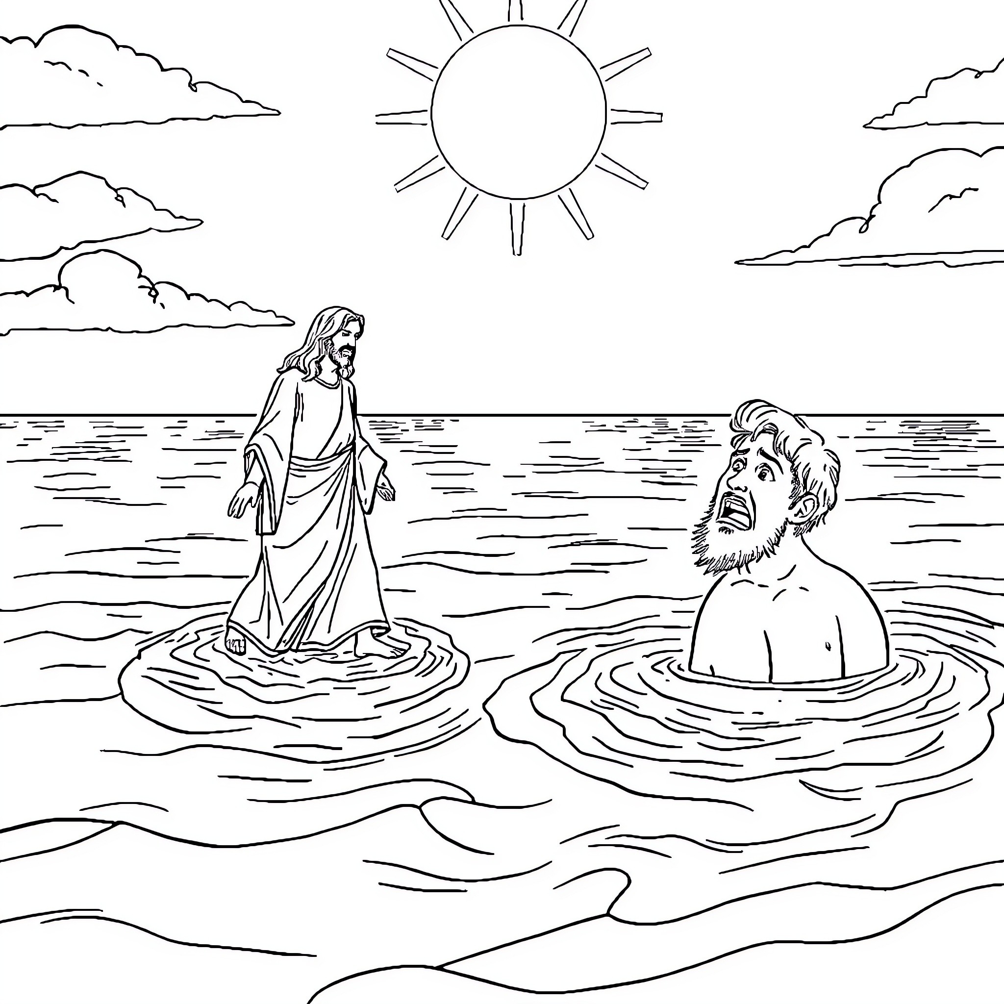 Jesus walks on water, calms the stormy sea Coloring Page (free black-and-white line drawing printable PDF for all, from beginners to advanced learners, including children, teens, adults, and seniors)