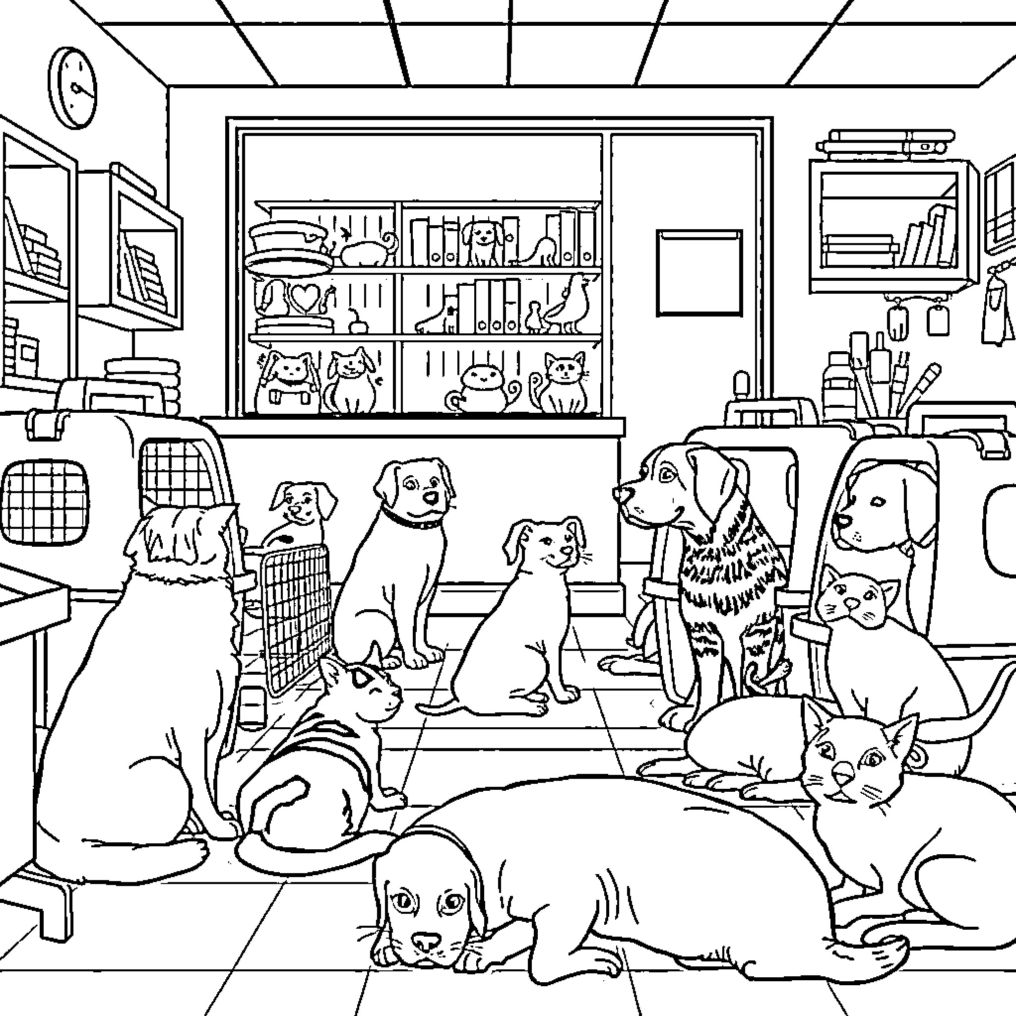 Dog and Cat playing in a pet store Coloring Page (free black-and-white line drawing printable PDF for all, from beginners to advanced learners, including children, teens, adults, and seniors)