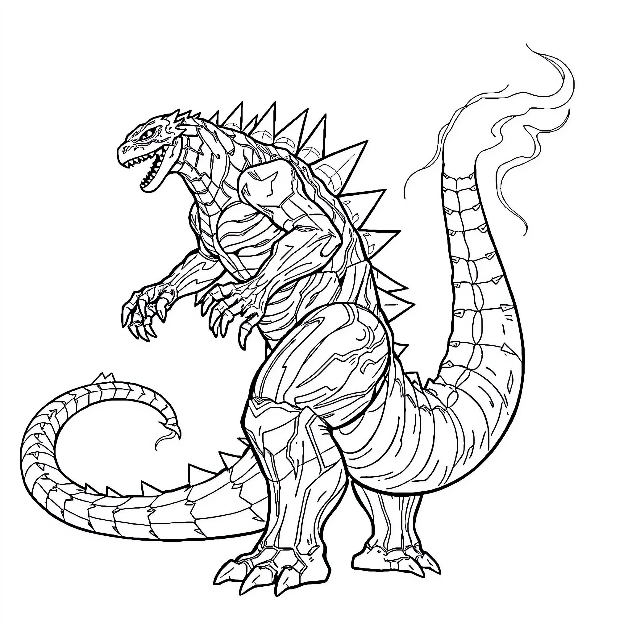 Kaiju monster in fierce battle stance Coloring Page (free black-and-white line drawing printable PDF for all, from beginners to advanced learners, including children, teens, adults, and seniors)