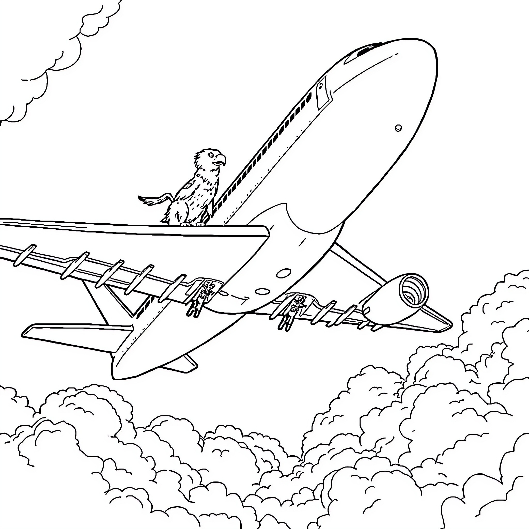 Airplane in Clouds with Small Animal Coloring Page (free black-and-white line drawing printable PDF for all, from beginners to advanced learners, including children, teens, adults, and seniors)