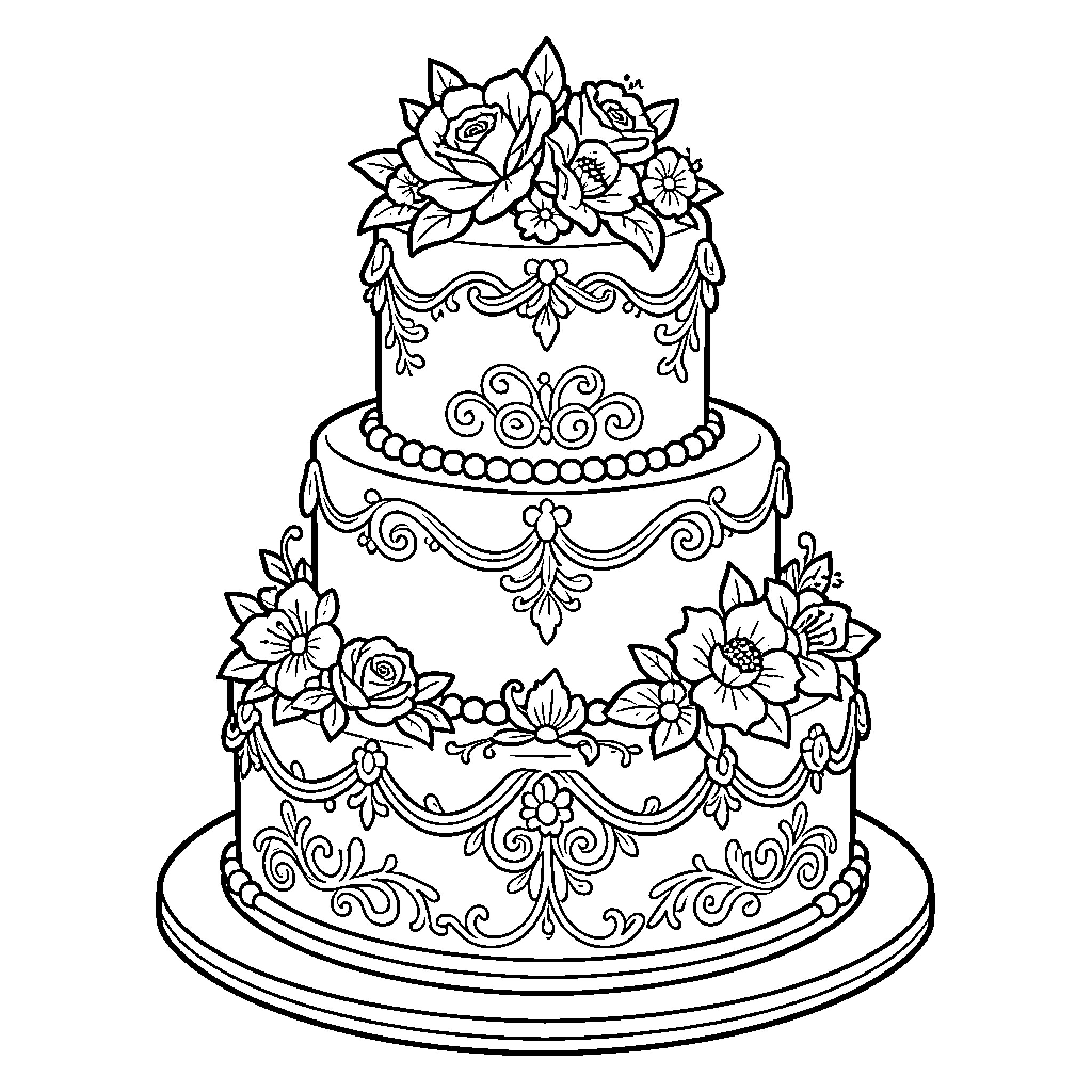 Wedding Cake with Elegant Floral Decorations Coloring Page (free black-and-white line drawing printable PDF for all, from beginners to advanced learners, including children, teens, adults, and seniors)