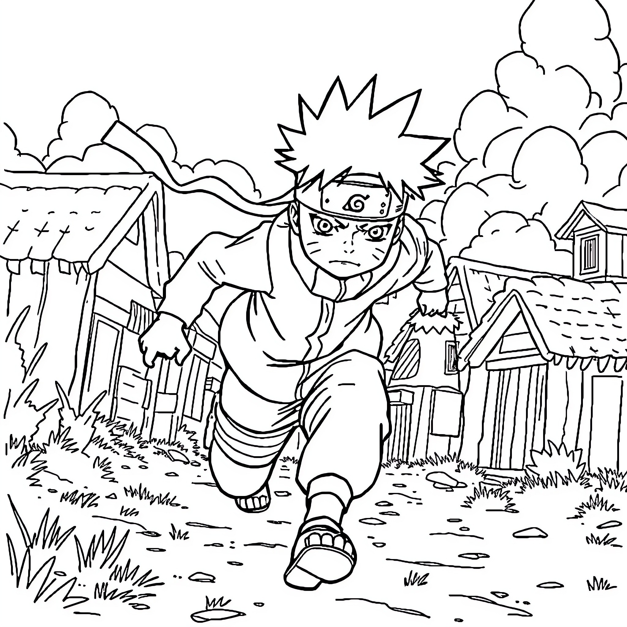 Naruto's Adventurous Escapade in the Village Coloring Page (free black-and-white line drawing printable PDF for all, from beginners to advanced learners, including children, teens, adults, and seniors)