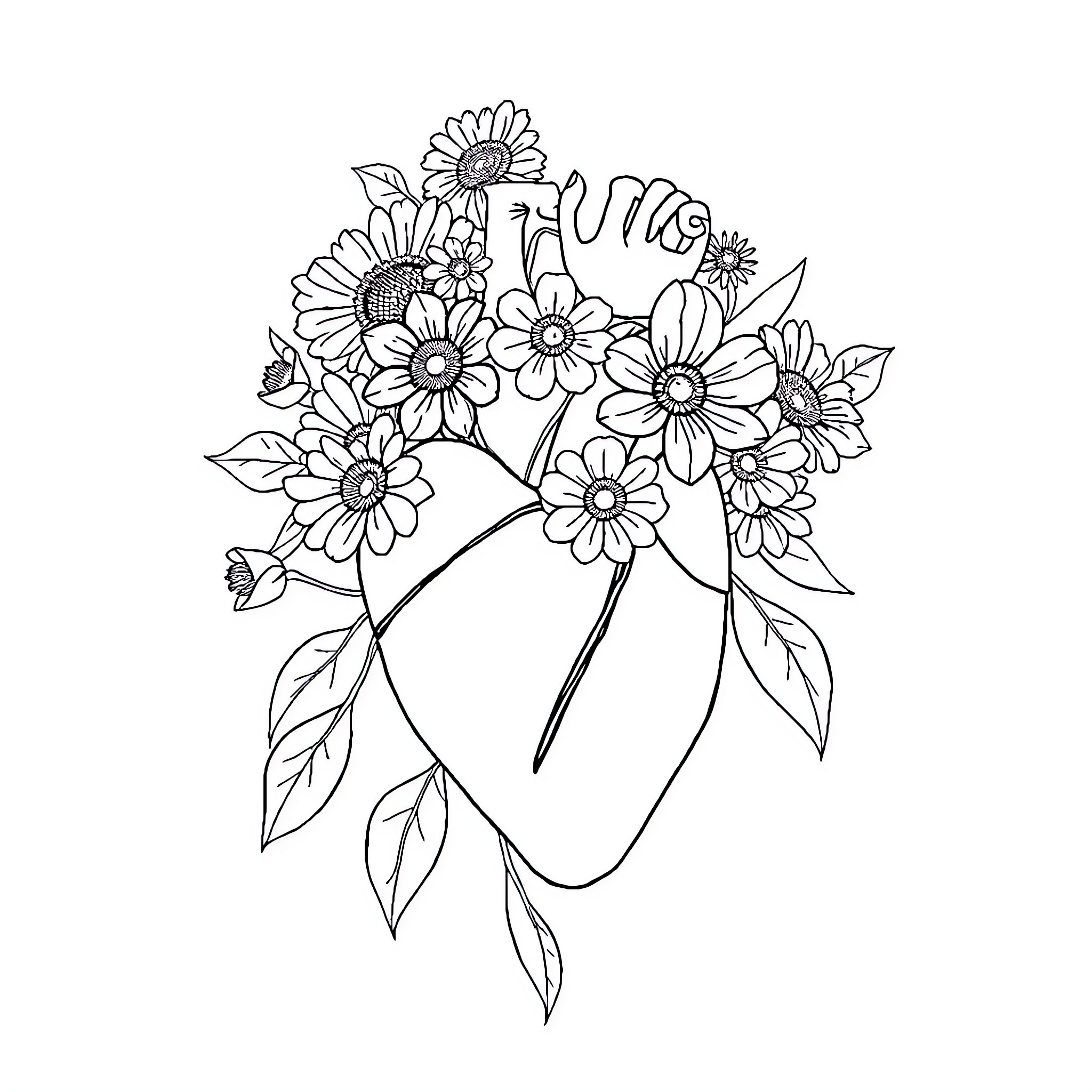 Heart Blooming with Floral Elegance Coloring Page (free black-and-white line drawing printable PDF for all, from beginners to advanced learners, including children, teens, adults, and seniors)