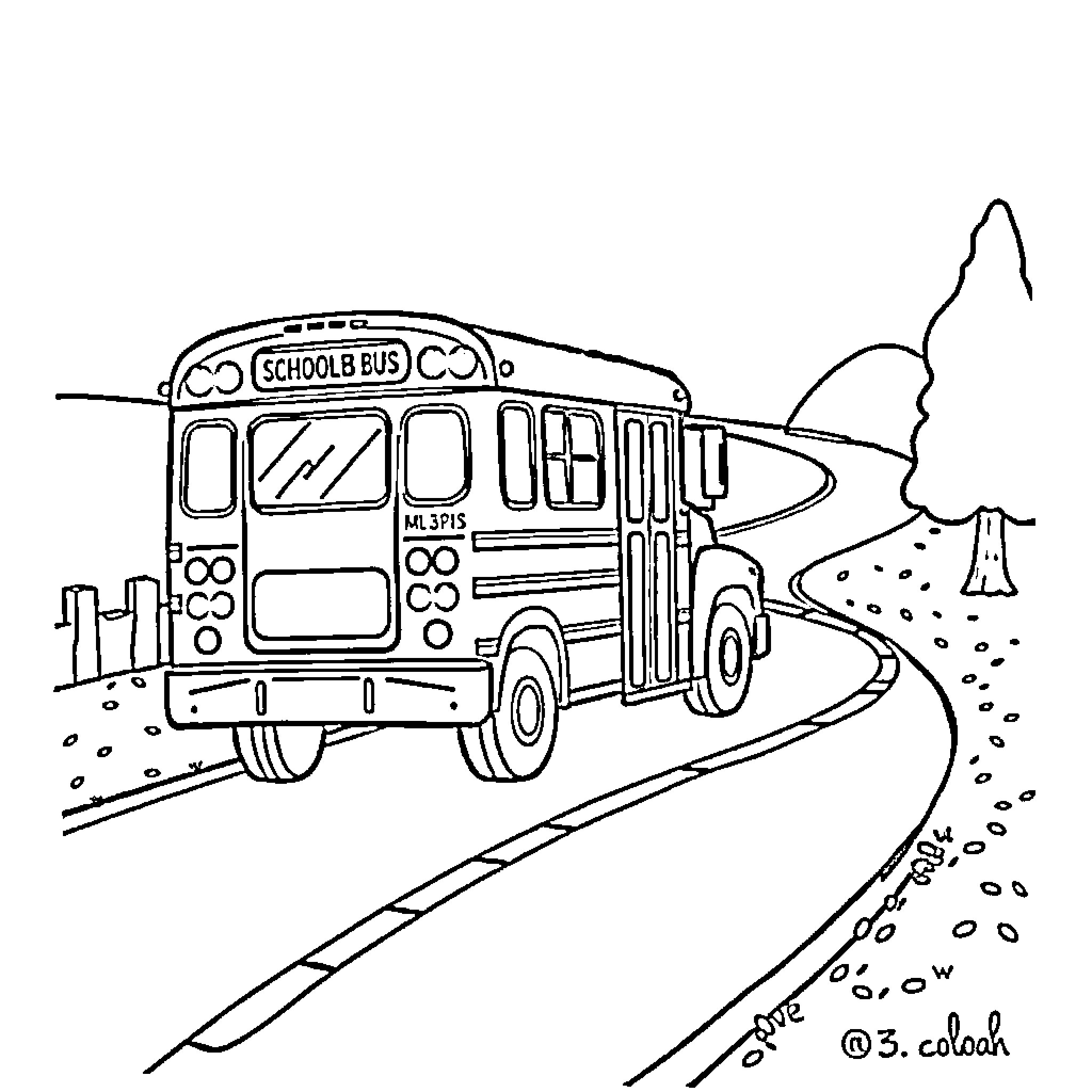 Bus on a rural road through nature Coloring Page (free black-and-white line drawing printable PDF for all, from beginners to advanced learners, including children, teens, adults, and seniors)