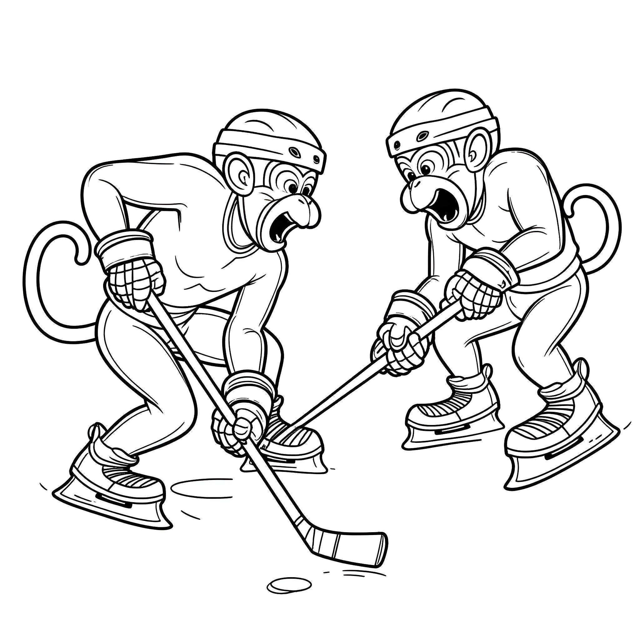 Monkey hockey players competing on the ice Coloring Page (free black-and-white line drawing printable PDF for all, from beginners to advanced learners, including children, teens, adults, and seniors)
