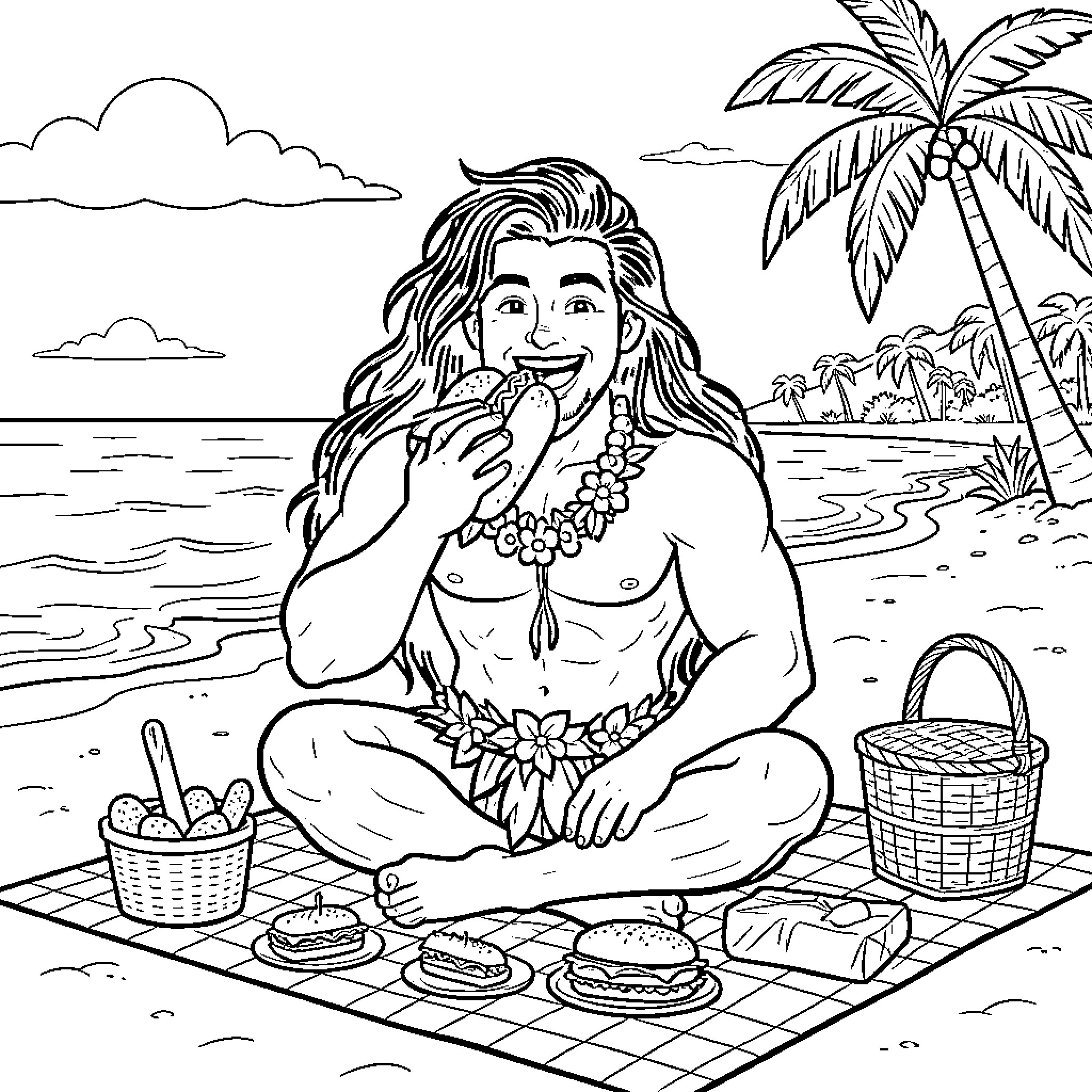 Maui enjoying a tropical picnic on the beach Coloring Page (free black-and-white line drawing printable PDF for all, from beginners to advanced learners, including children, teens, adults, and seniors)