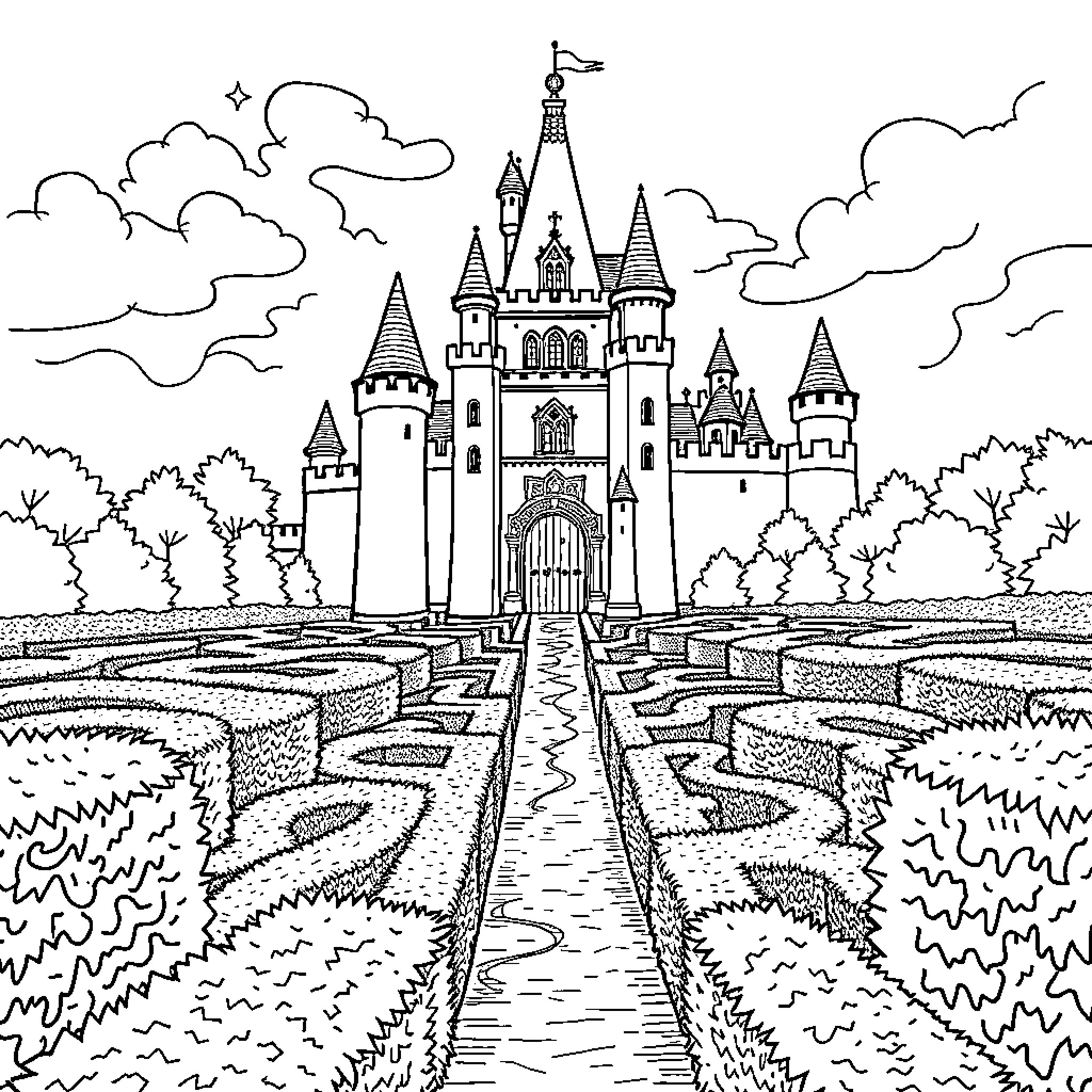 Queen's Enchanted Castle in Wondrous Realm Coloring Page (free black-and-white line drawing printable PDF for all, from beginners to advanced learners, including children, teens, adults, and seniors)