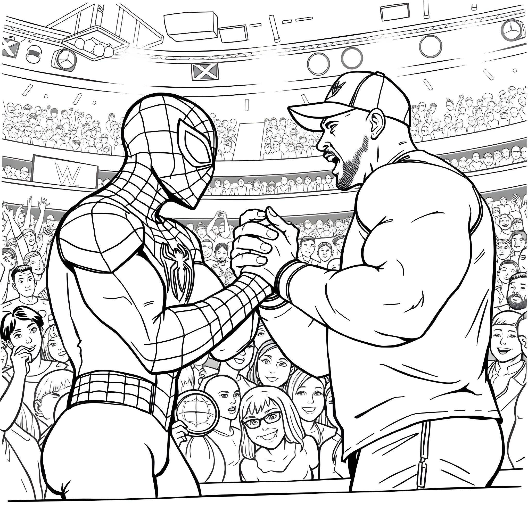 Spider-Man arm-wrestling with a muscular opponent in a wrestling ring Coloring Page (free black-and-white line drawing printable PDF for all, from beginners to advanced learners, including children, teens, adults, and seniors)