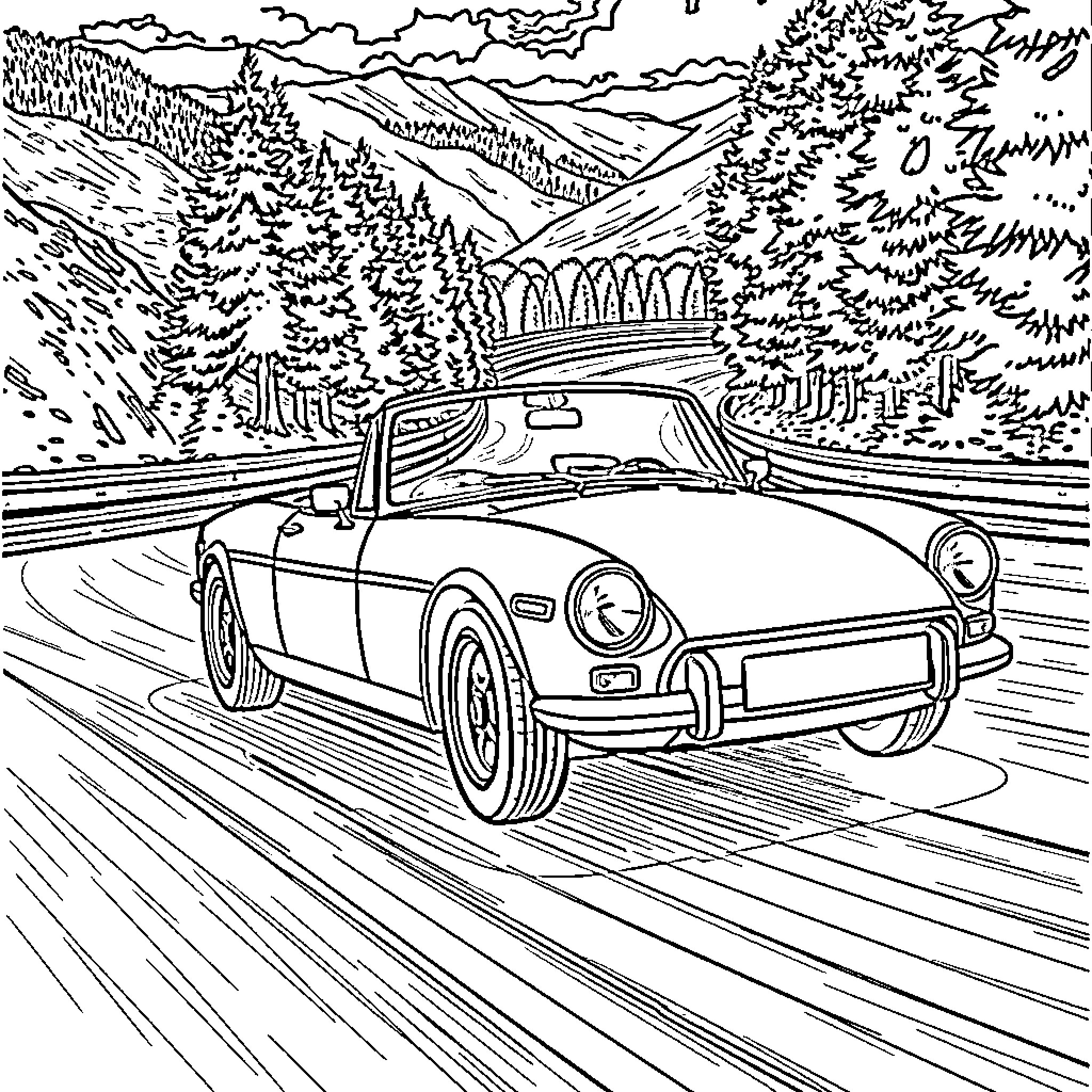 Miata driving through scenic mountain road Coloring Page (free black-and-white line drawing printable PDF for all, from beginners to advanced learners, including children, teens, adults, and seniors)