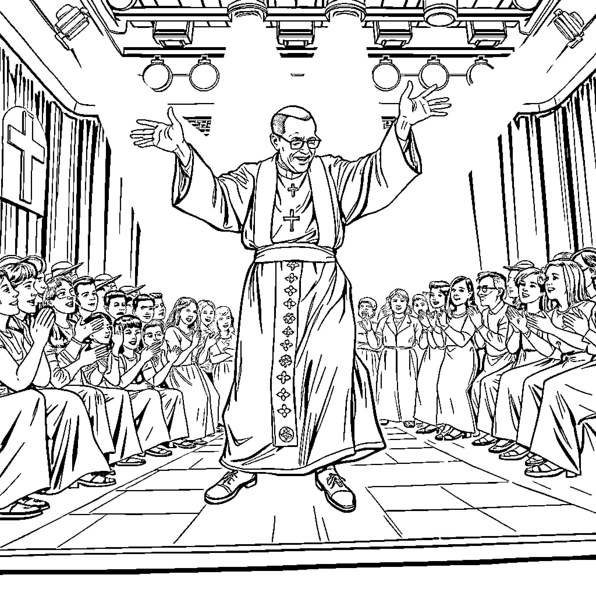 Priest celebrating mass before a congregation Coloring Page (free black-and-white line drawing printable PDF for all, from beginners to advanced learners, including children, teens, adults, and seniors)