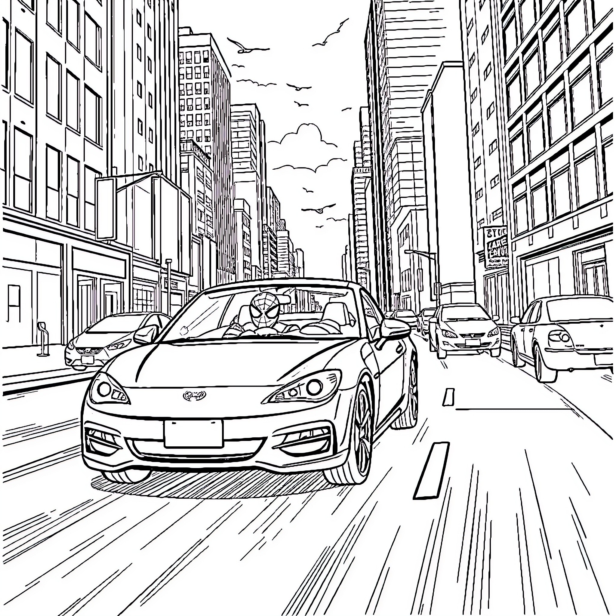 Spider-Man zipping through the bustling city streets Coloring Page (free black-and-white line drawing printable PDF for all, from beginners to advanced learners, including children, teens, adults, and seniors)