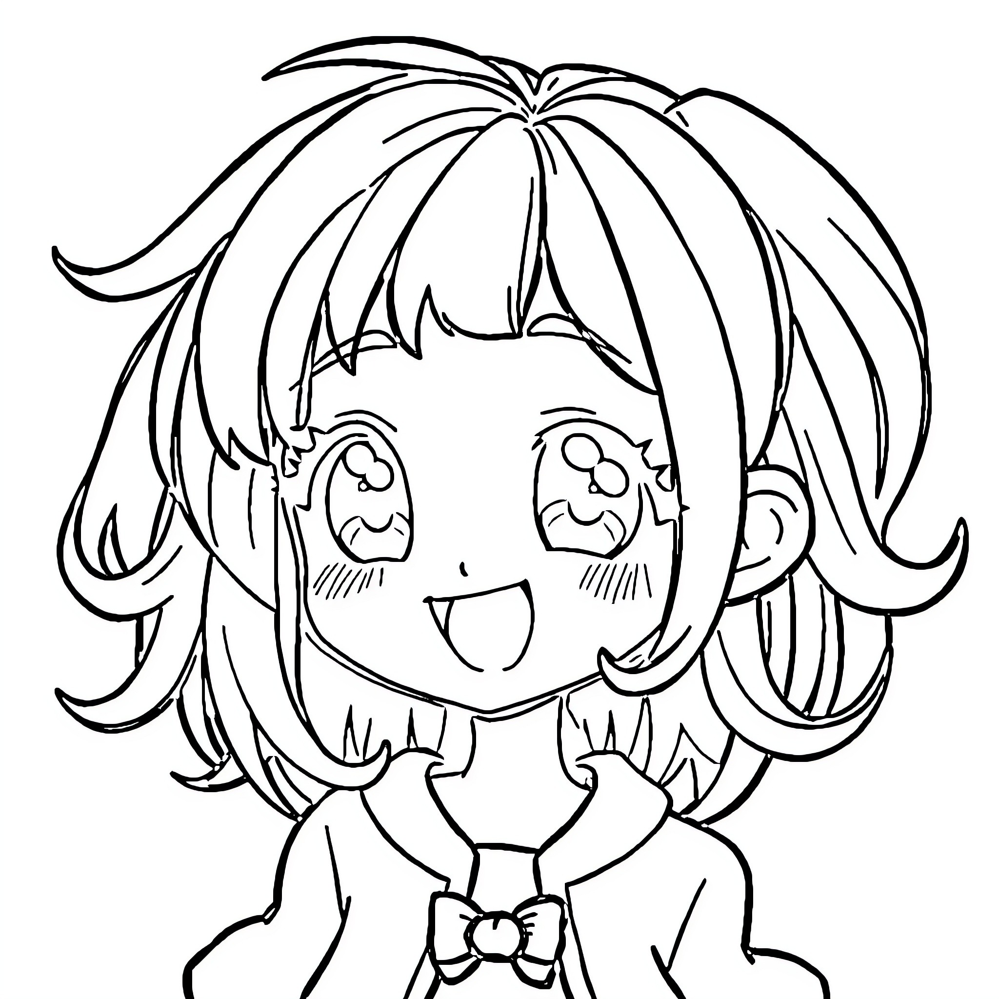 Anime Girl with Cheerful Expression Coloring Page (free black-and-white line drawing printable PDF for all, from beginners to advanced learners, including children, teens, adults, and seniors)