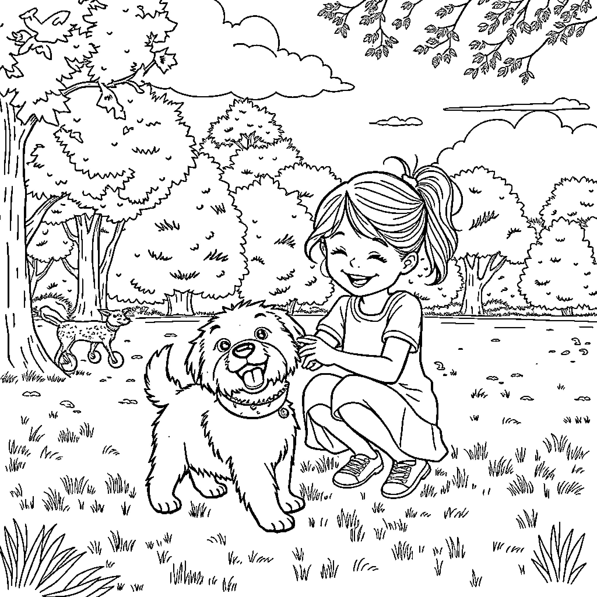 Girl playing happily with her dog in the park Coloring Page (free black-and-white line drawing printable PDF for all, from beginners to advanced learners, including children, teens, adults, and seniors)