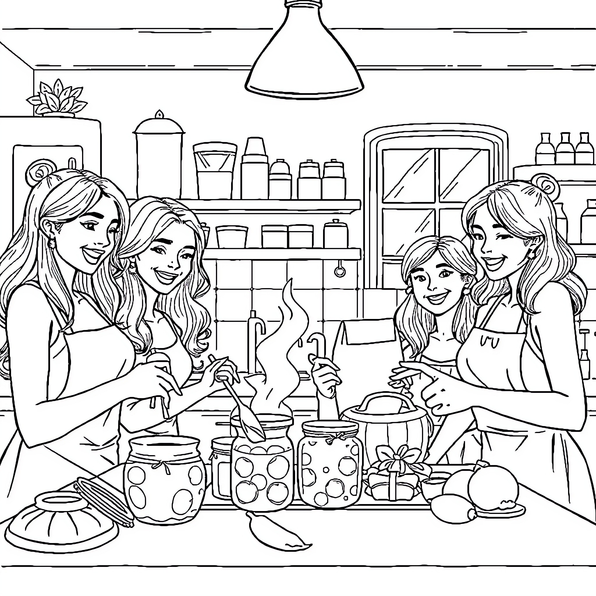 People enjoying time together in the kitchen Coloring Page (free black-and-white line drawing printable PDF for all, from beginners to advanced learners, including children, teens, adults, and seniors)
