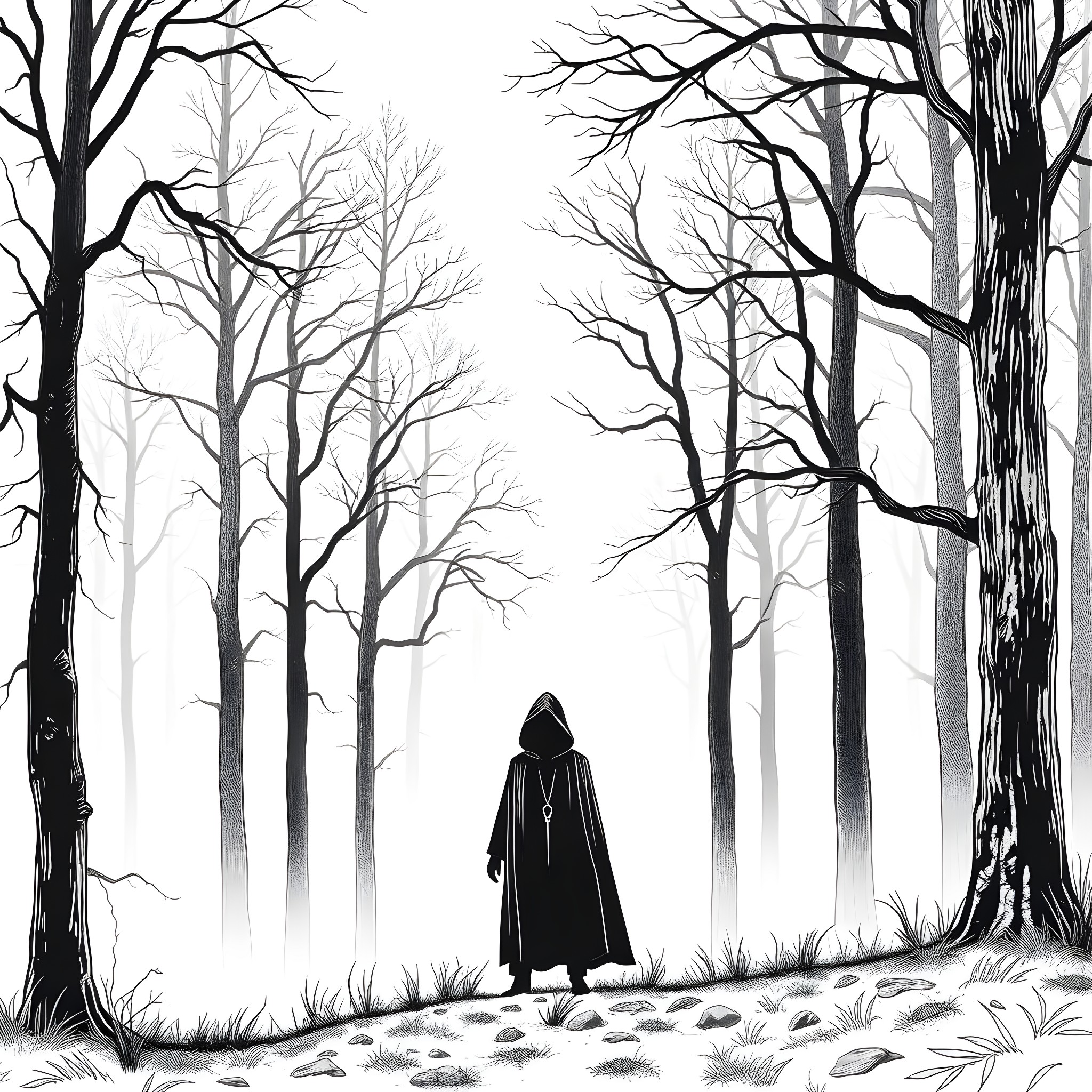 A Hooded Figure in a Mysterious Forest Coloring Page (free black-and-white line drawing printable PDF for all, from beginners to advanced learners, including children, teens, adults, and seniors)