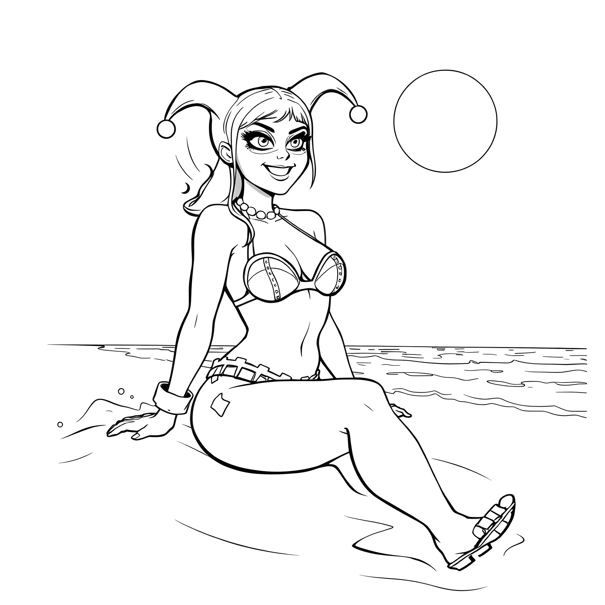 Harley Quinn relaxing on the beach Coloring Page (free black-and-white line drawing printable PDF for all, from beginners to advanced learners, including children, teens, adults, and seniors)
