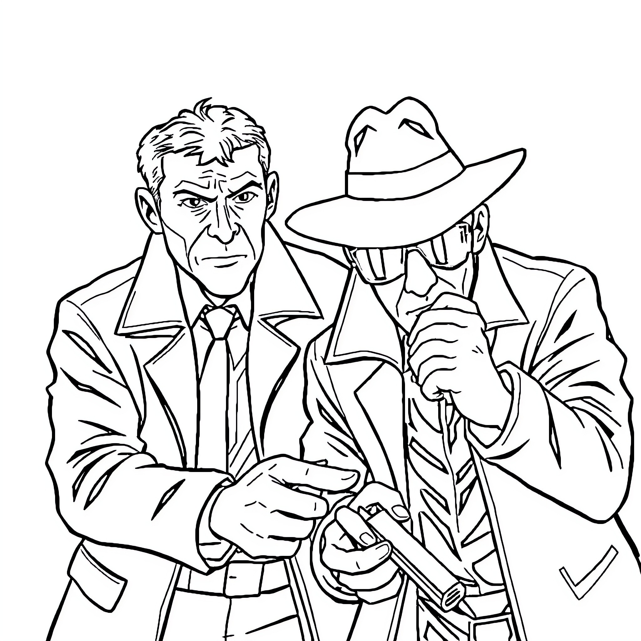 Detective duo investigating a mystery Coloring Page (free black-and-white line drawing printable PDF for all, from beginners to advanced learners, including children, teens, adults, and seniors)