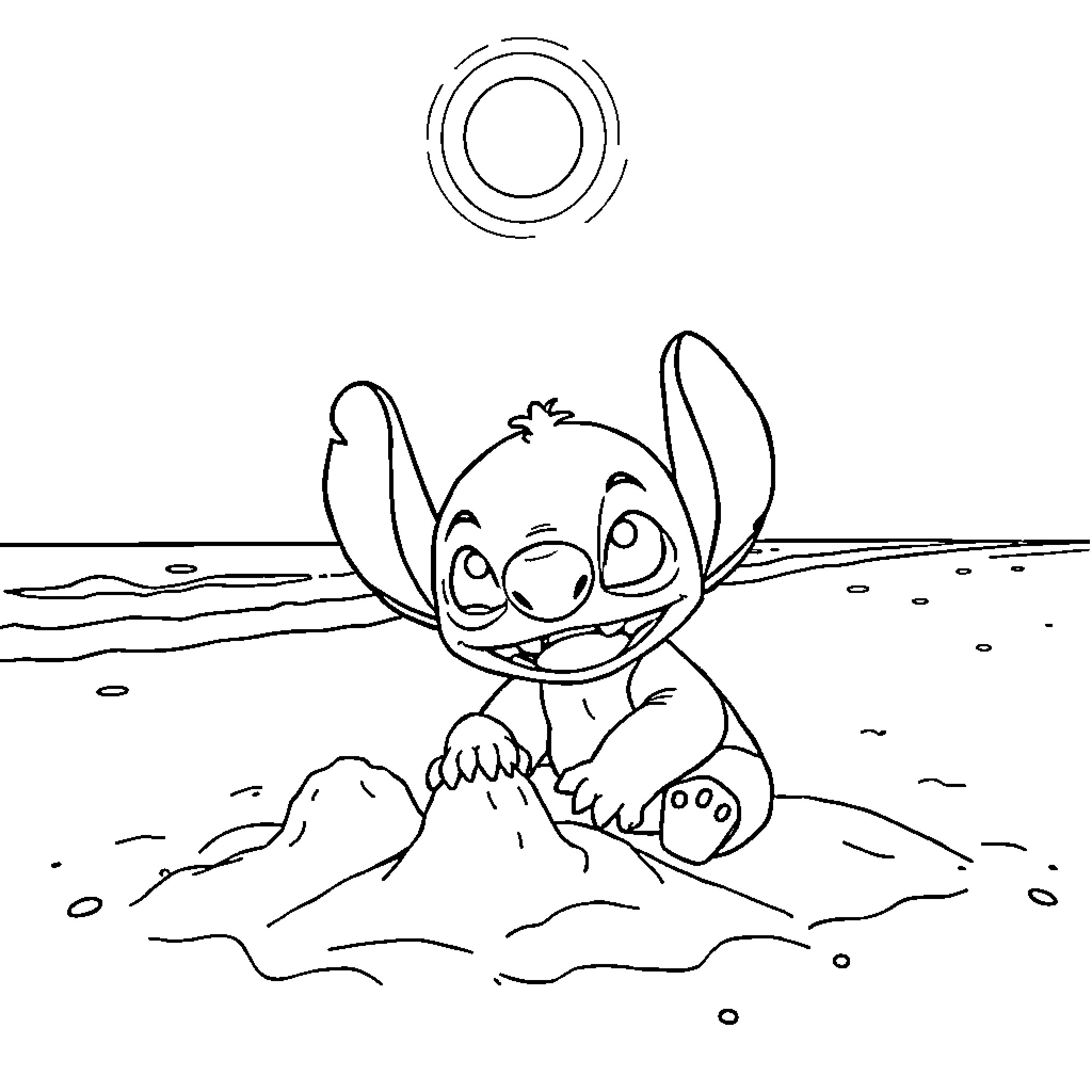 Stitch playing happily in the beach Coloring Page (free black-and-white line drawing printable PDF for all, from beginners to advanced learners, including children, teens, adults, and seniors)