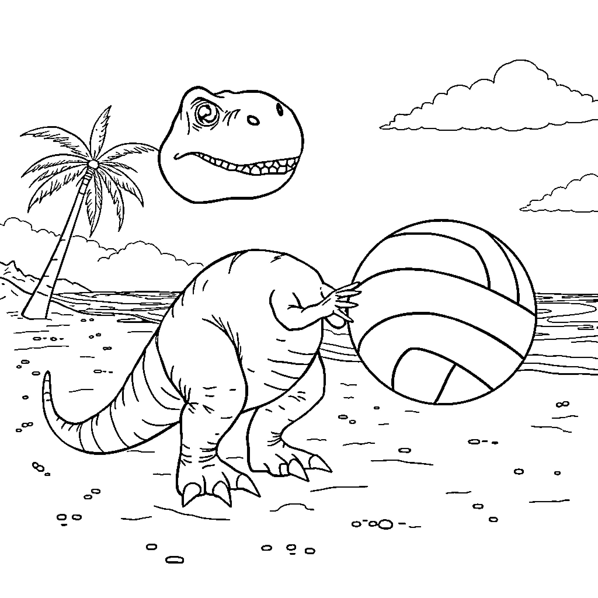 T-Rex playing on the beach with volleyball Coloring Page (free black-and-white line drawing printable PDF for all, from beginners to advanced learners, including children, teens, adults, and seniors)