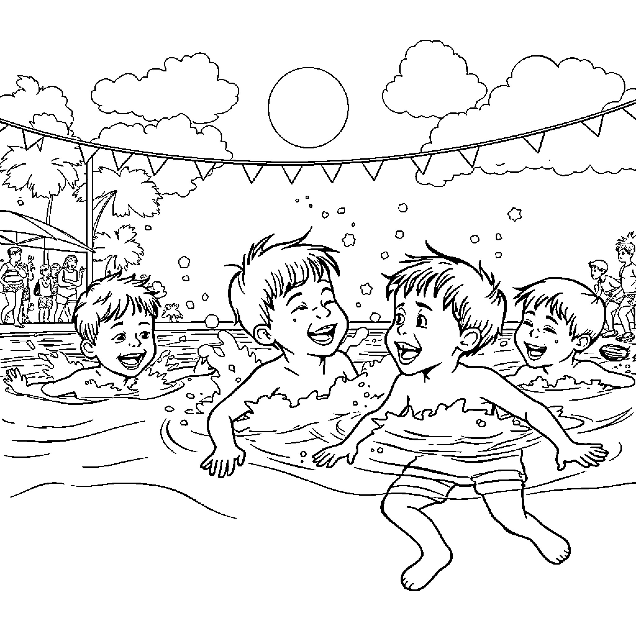 Child playing joyfully in pool party with friends Coloring Page (free black-and-white line drawing printable PDF for all, from beginners to advanced learners, including children, teens, adults, and seniors)