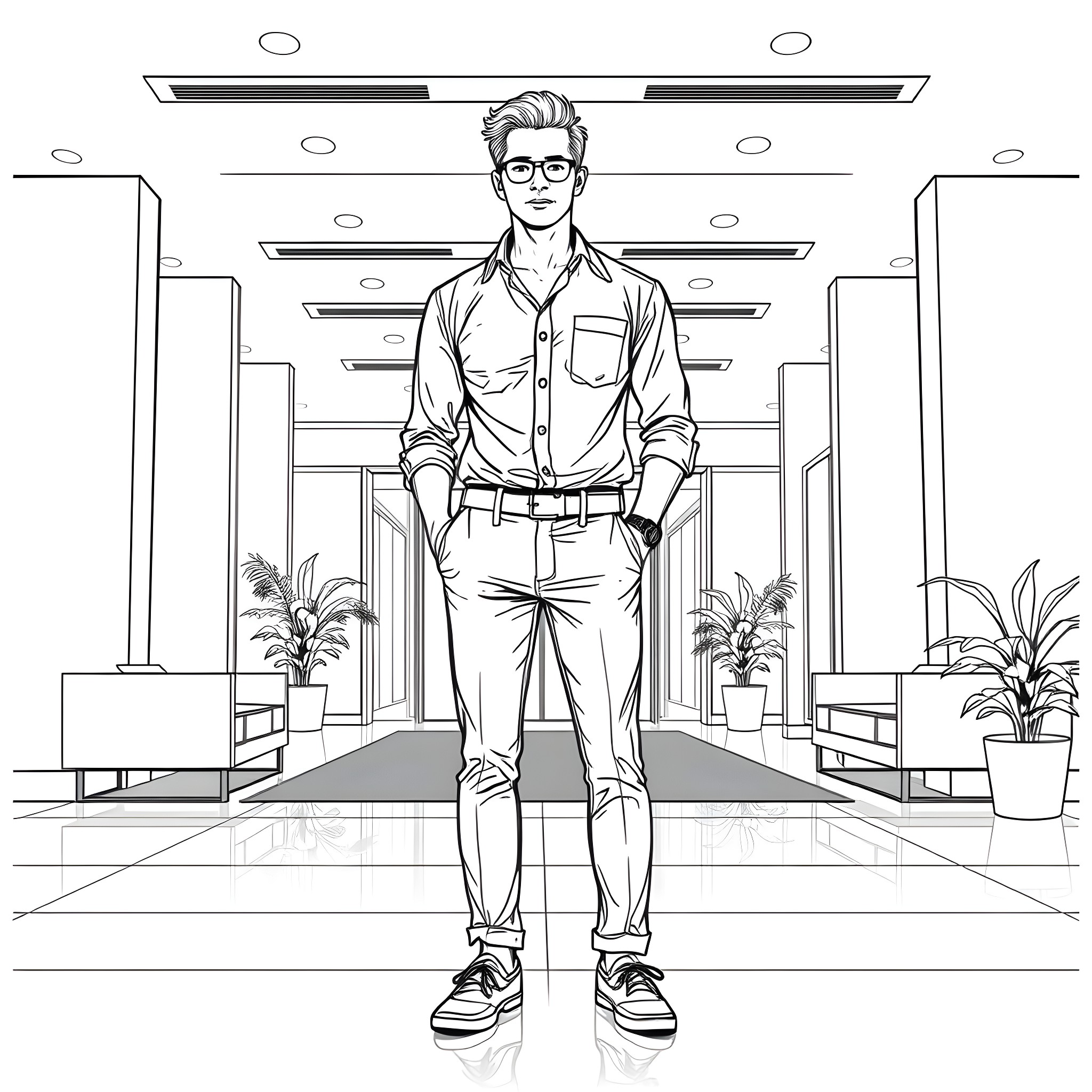 Man in casual outfit standing in modern office Coloring Page (free black-and-white line drawing printable PDF for all, from beginners to advanced learners, including children, teens, adults, and seniors)