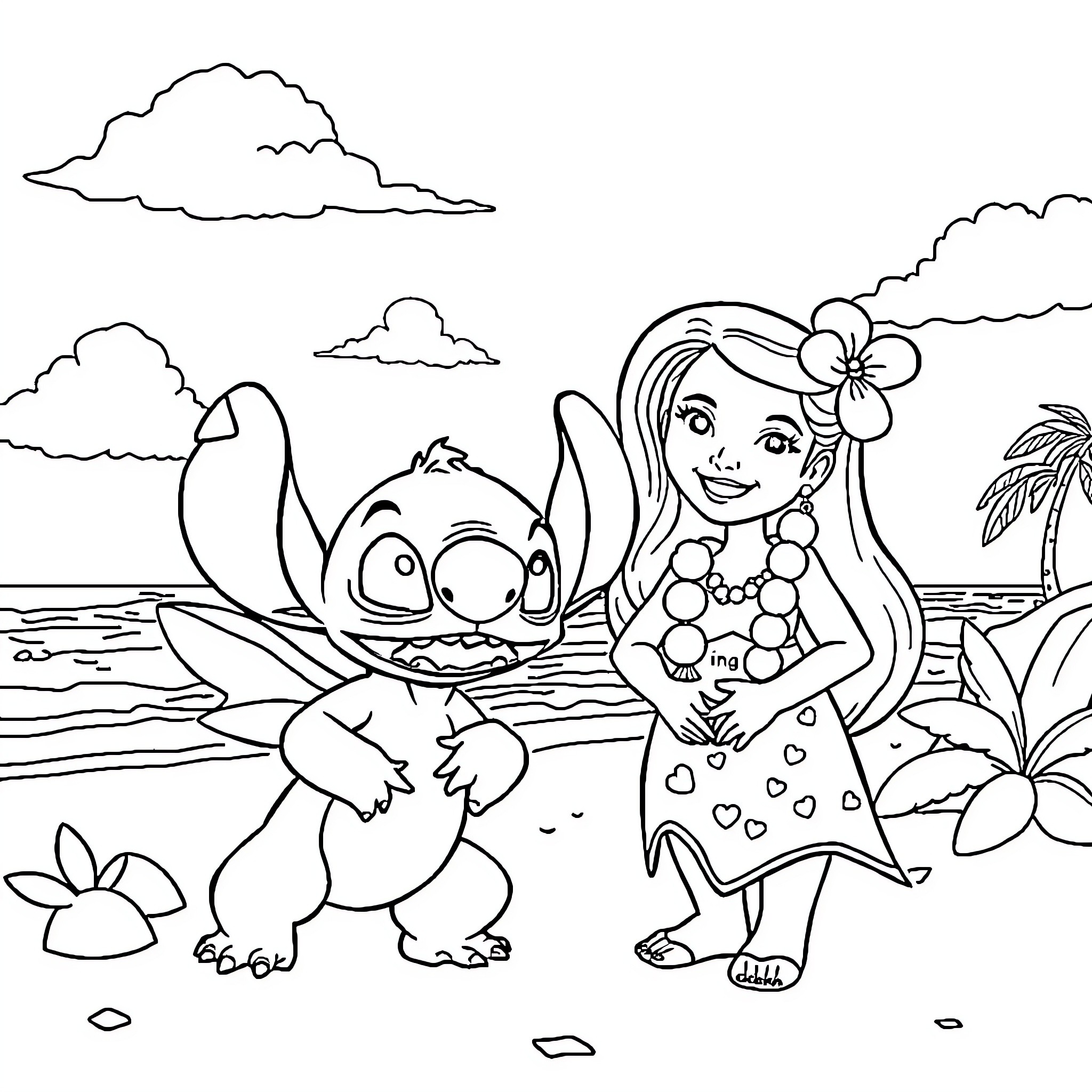 Angel plays with friendly creature on tropical beach Coloring Page (free black-and-white line drawing printable PDF for all, from beginners to advanced learners, including children, teens, adults, and seniors)