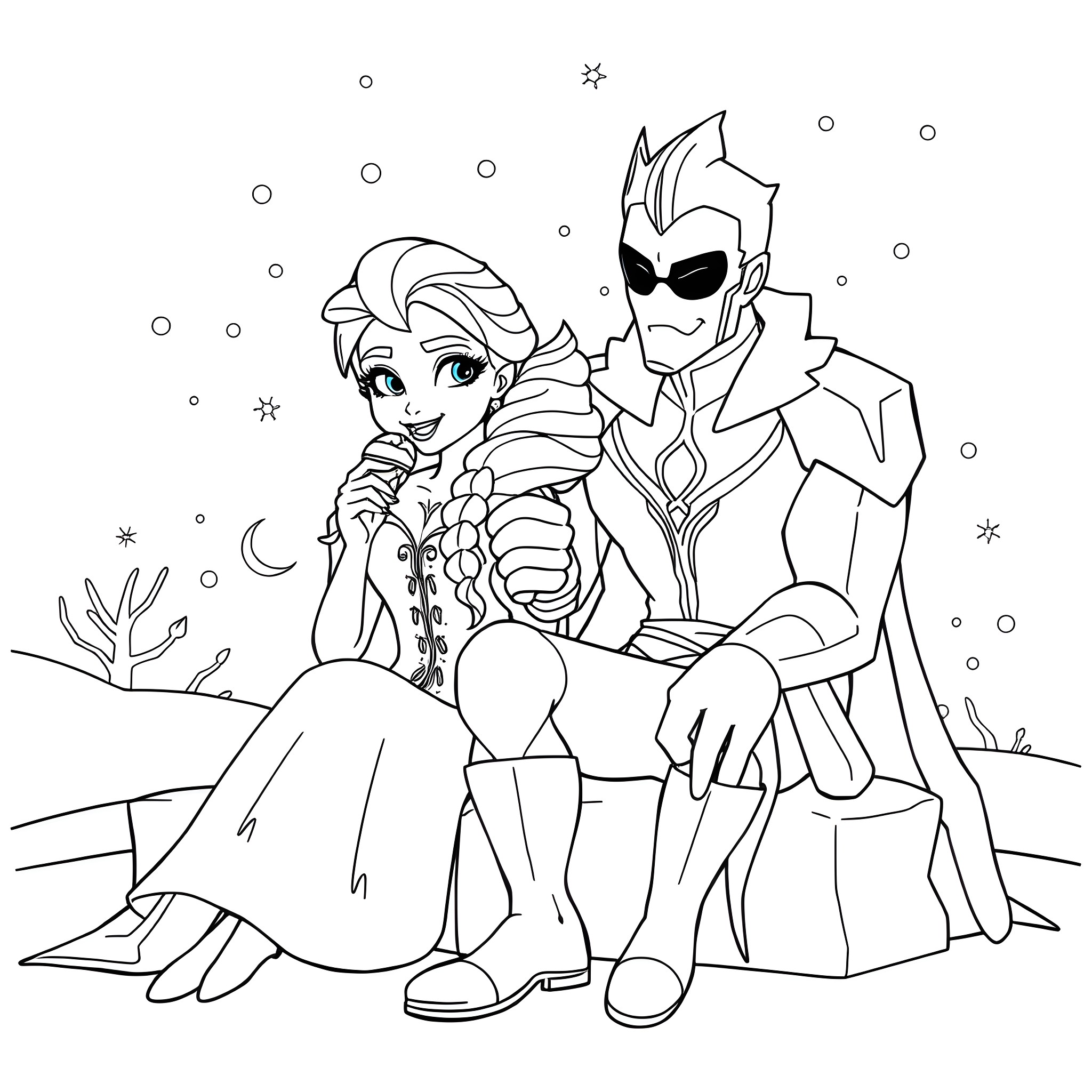 Elsa and her ghostly companion in a winter wonderland Coloring Page (free black-and-white line drawing printable PDF for all, from beginners to advanced learners, including children, teens, adults, and seniors)