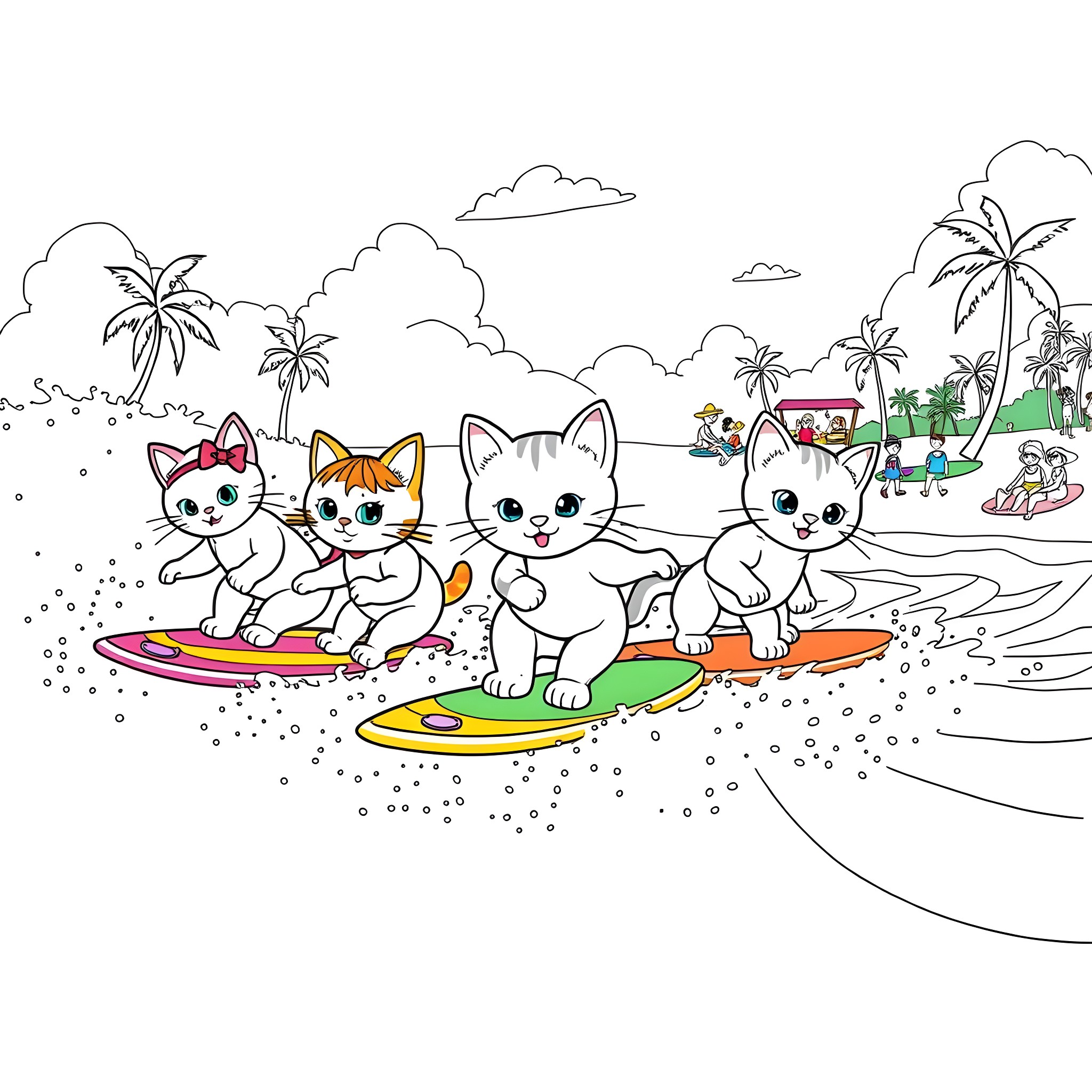 Kitty cats surfing on the beach Coloring Page (free black-and-white line drawing printable PDF for all, from beginners to advanced learners, including children, teens, adults, and seniors)