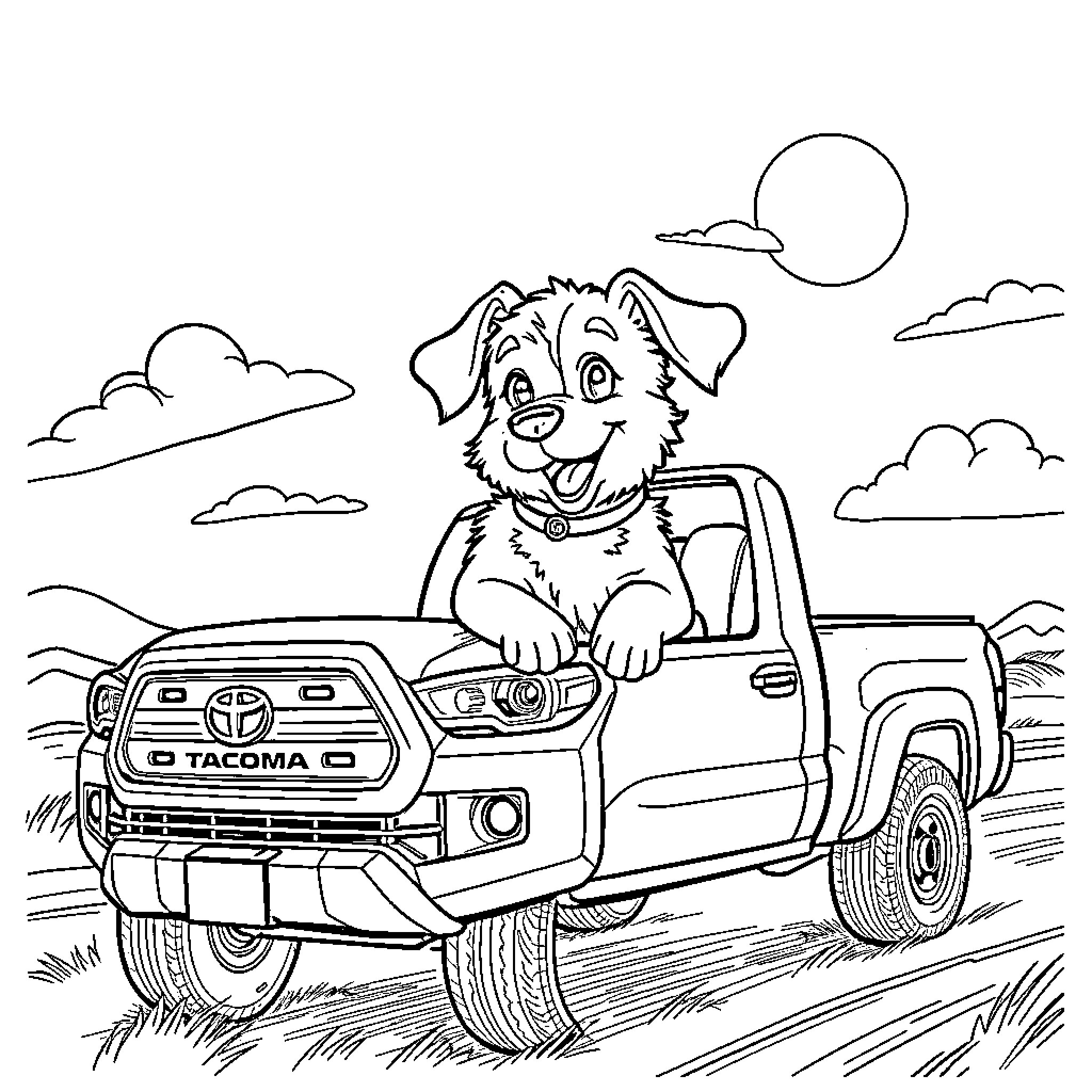 Bluey rides in a pickup truck through the countryside Coloring Page (free black-and-white line drawing printable PDF for all, from beginners to advanced learners, including children, teens, adults, and seniors)