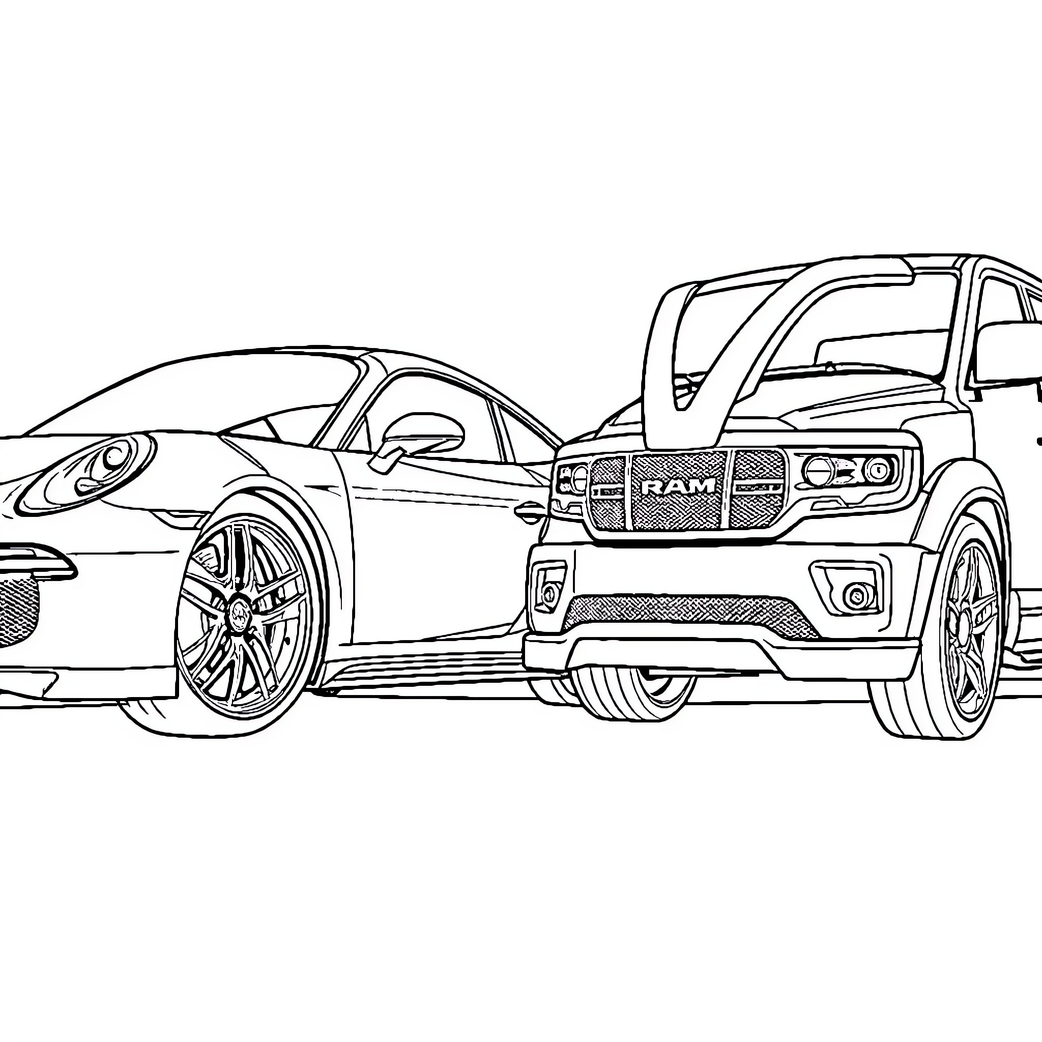 Porsche and Ram trucks in bold outline Coloring Page (free black-and-white line drawing printable PDF for all, from beginners to advanced learners, including children, teens, adults, and seniors)
