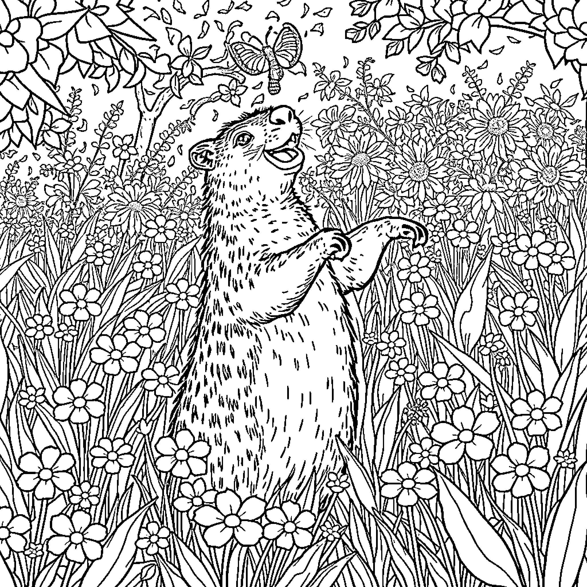 Capybara exploring the vibrant floral garden Coloring Page (free black-and-white line drawing printable PDF for all, from beginners to advanced learners, including children, teens, adults, and seniors)