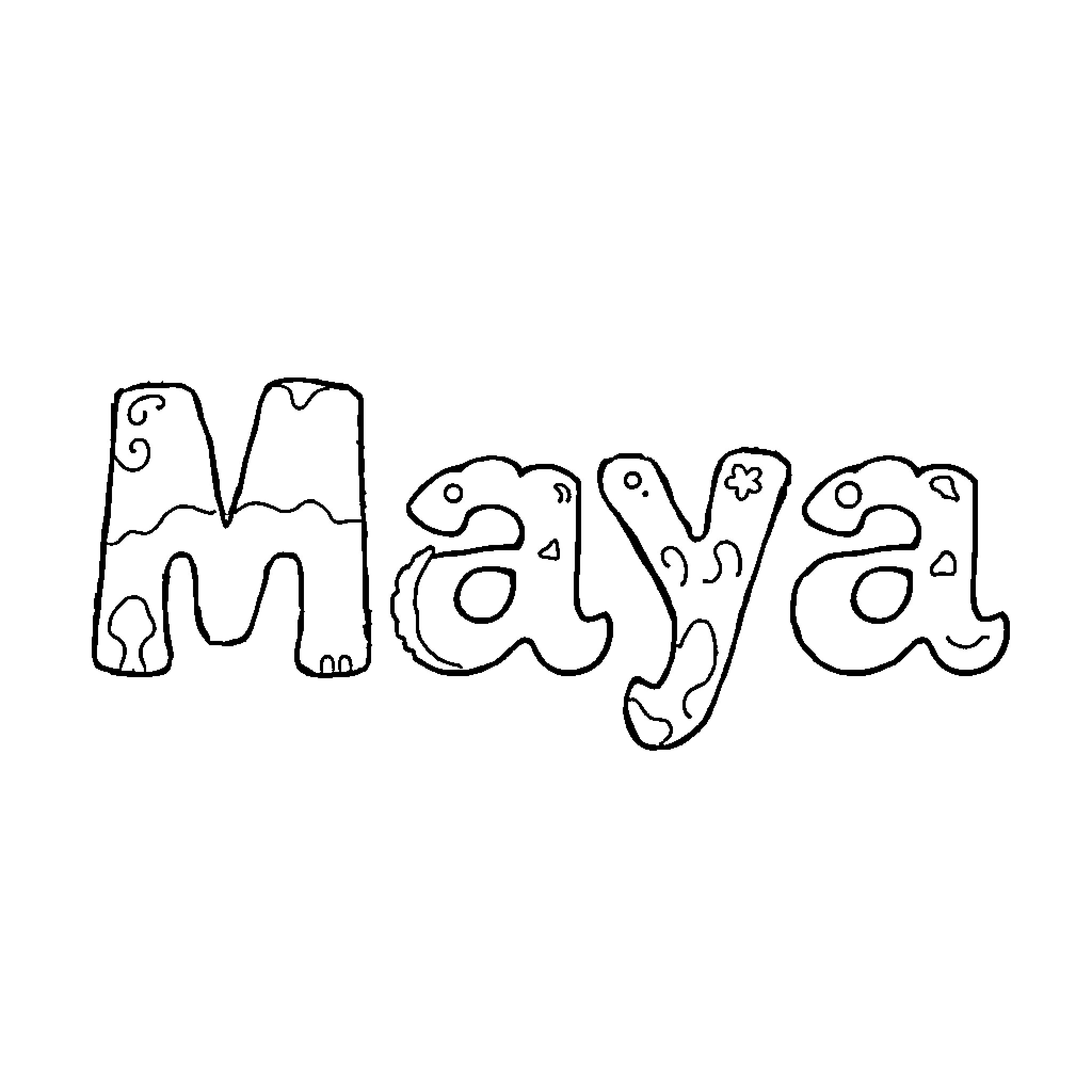 Maya's playful lettering design Coloring Page (free black-and-white line drawing printable PDF for all, from beginners to advanced learners, including children, teens, adults, and seniors)