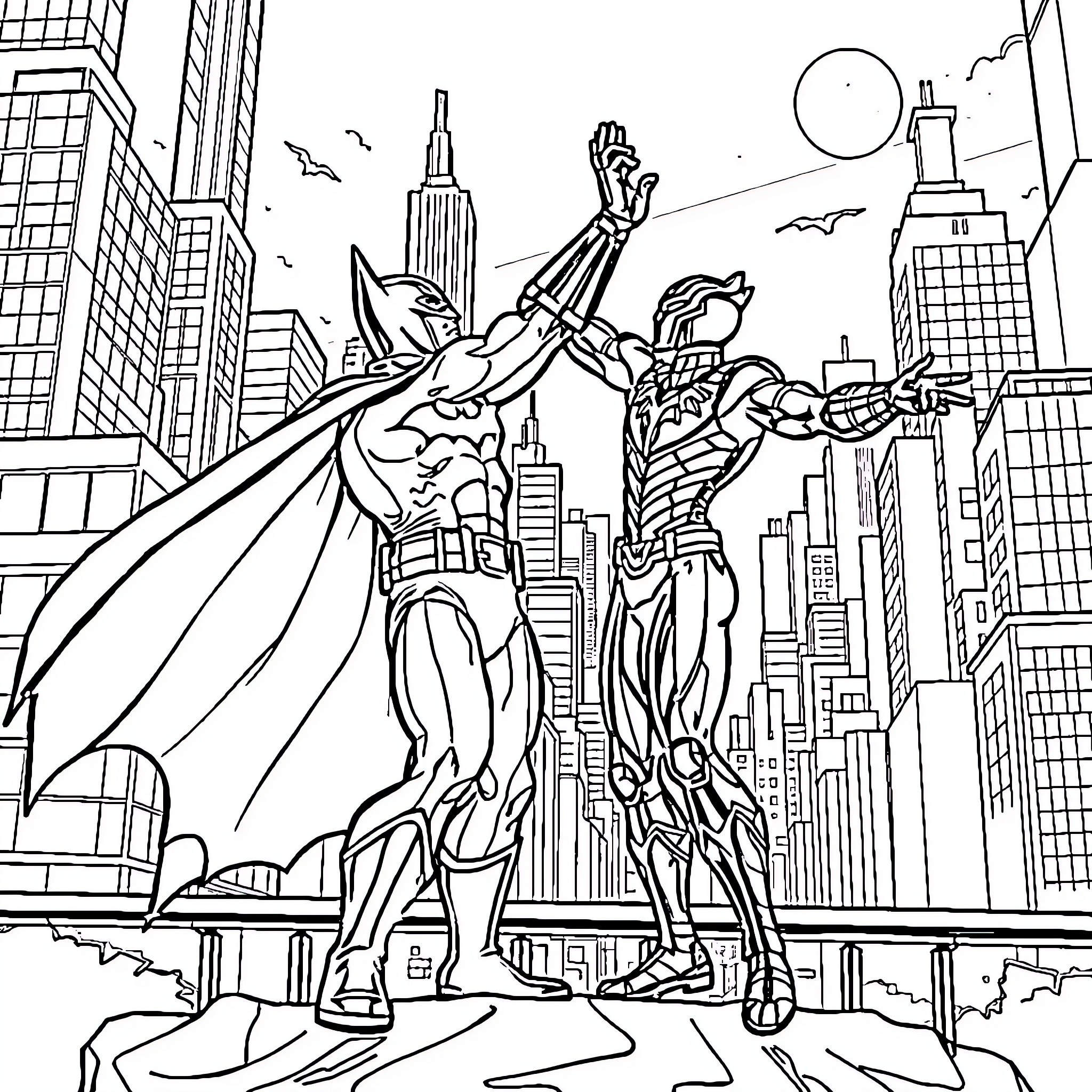 Batman heroically confronting a villainous character in the city Coloring Page (free black-and-white line drawing printable PDF for all, from beginners to advanced learners, including children, teens, adults, and seniors)