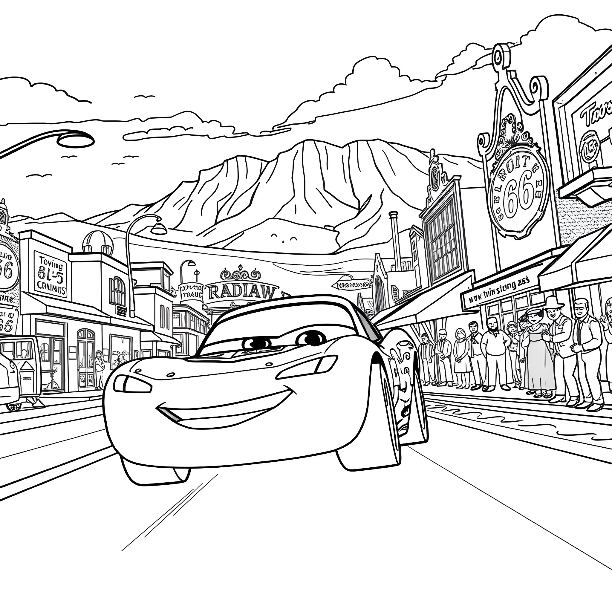 Lightning McQueen in the bustling town Coloring Page (free black-and-white line drawing printable PDF for all, from beginners to advanced learners, including children, teens, adults, and seniors)