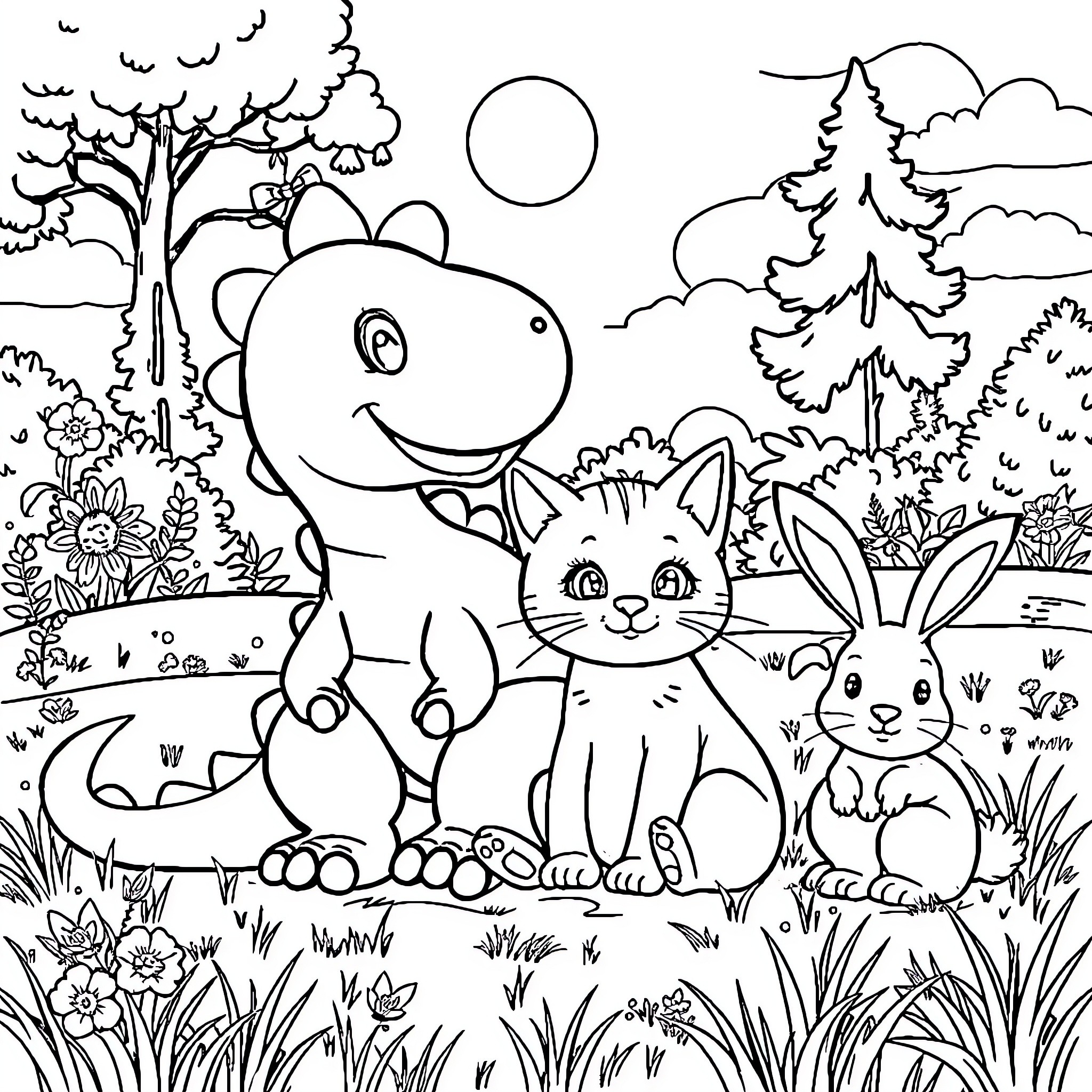 Dinosaur and animal friends in a forest landscape Coloring Page (free black-and-white line drawing printable PDF for all, from beginners to advanced learners, including children, teens, adults, and seniors)