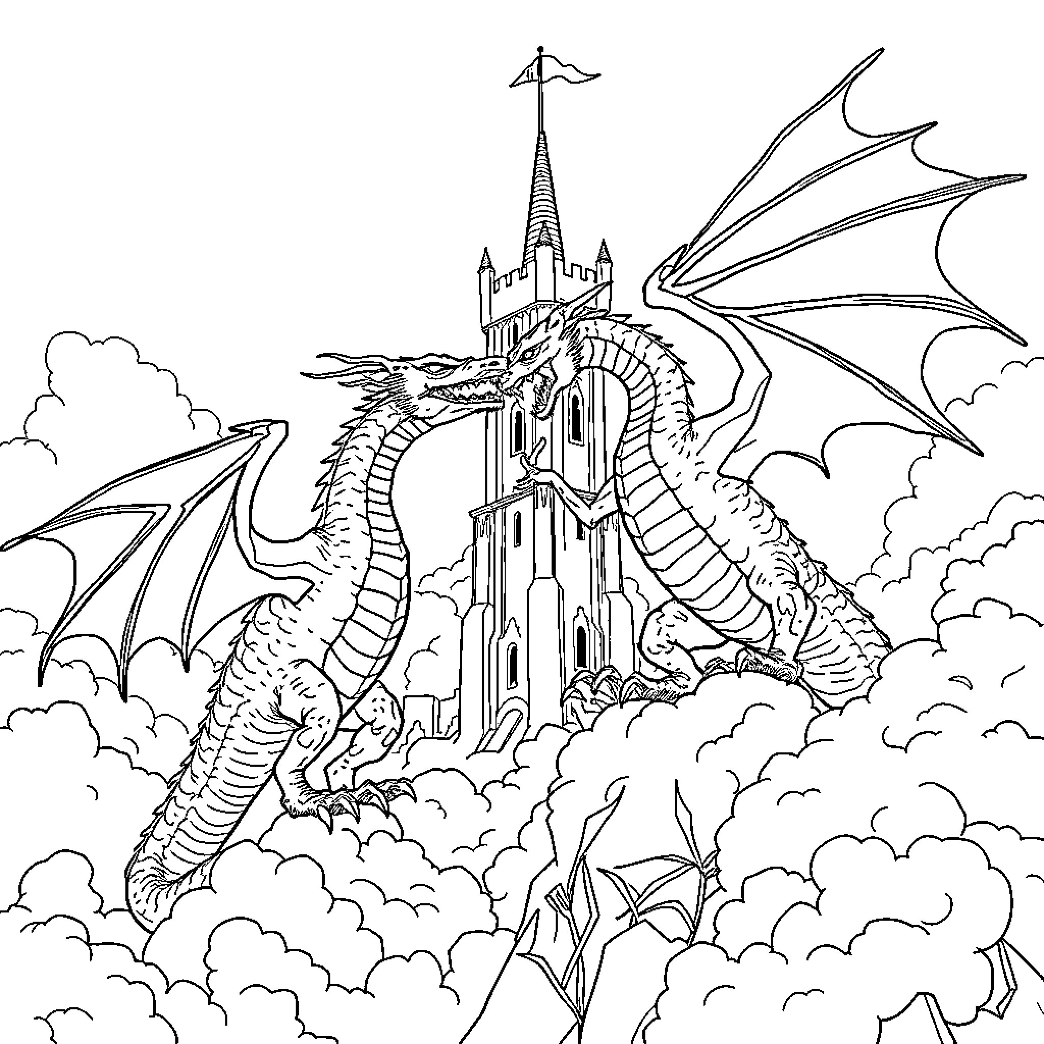Dragon Guarding a Towering Castle in the Clouds Coloring Page (free black-and-white line drawing printable PDF for all, from beginners to advanced learners, including children, teens, adults, and seniors)