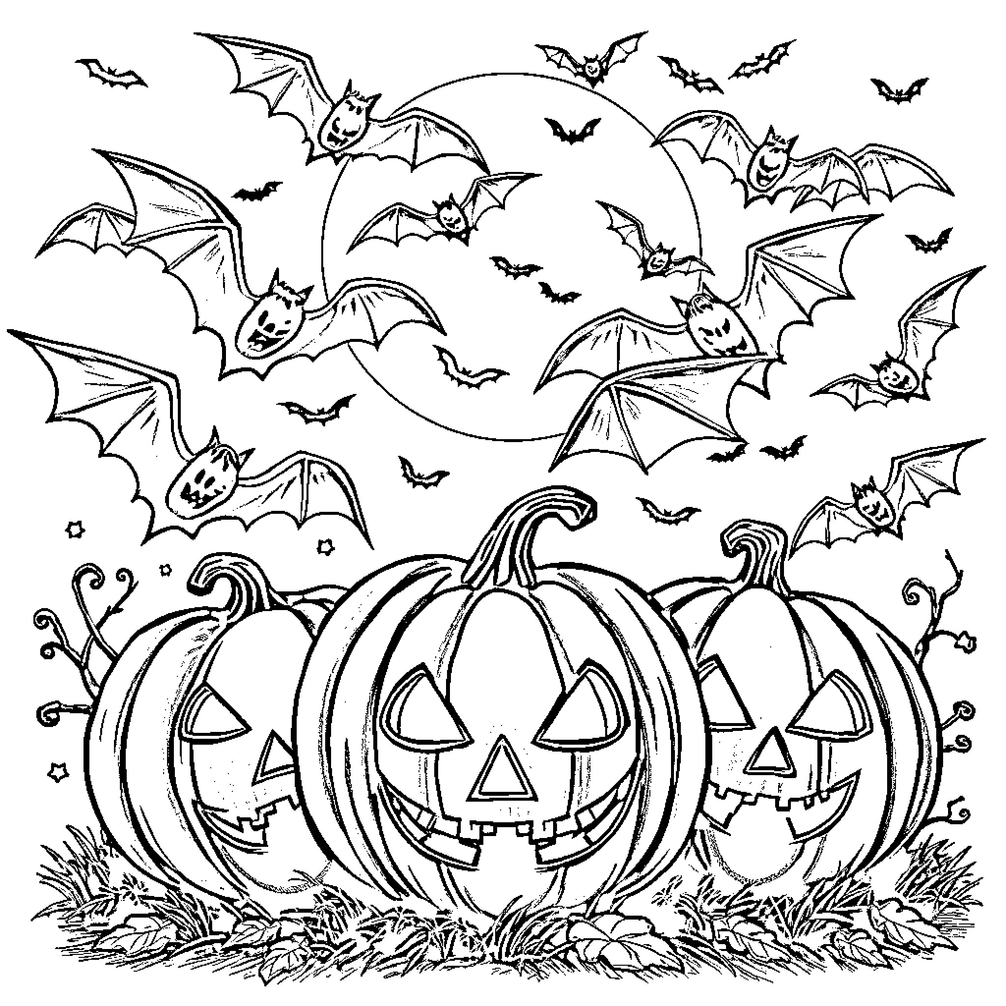 Bats flying above Halloween pumpkins Coloring Page (free black-and-white line drawing printable PDF for all, from beginners to advanced learners, including children, teens, adults, and seniors)