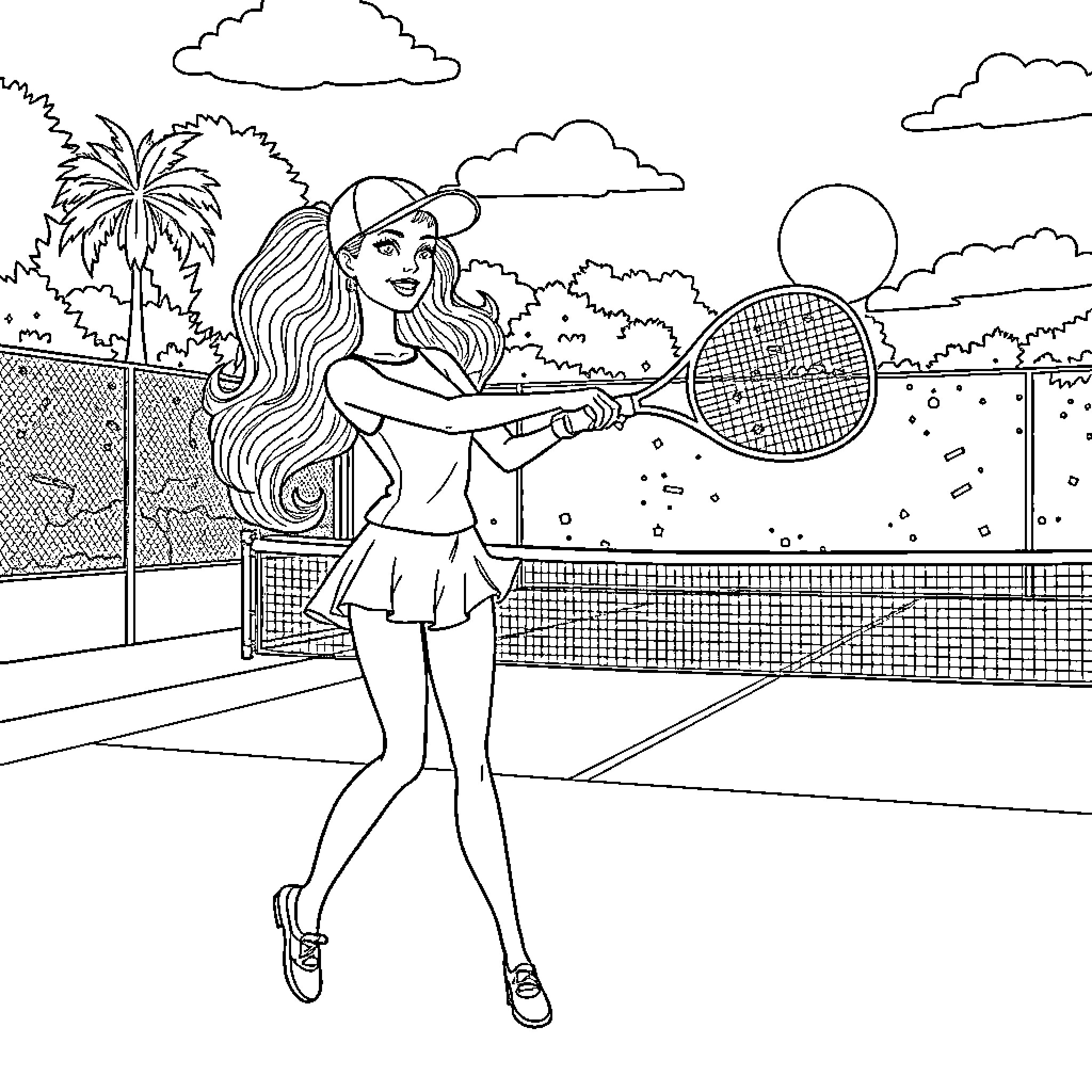 Barbie playing tennis on the court Coloring Page (free black-and-white line drawing printable PDF for all, from beginners to advanced learners, including children, teens, adults, and seniors)