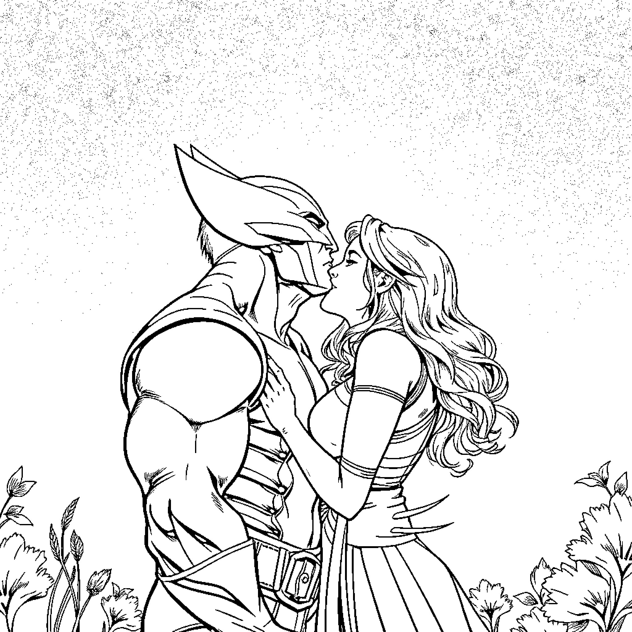 Wolverine embracing a woman in a romantic scene Coloring Page (free black-and-white line drawing printable PDF for all, from beginners to advanced learners, including children, teens, adults, and seniors)