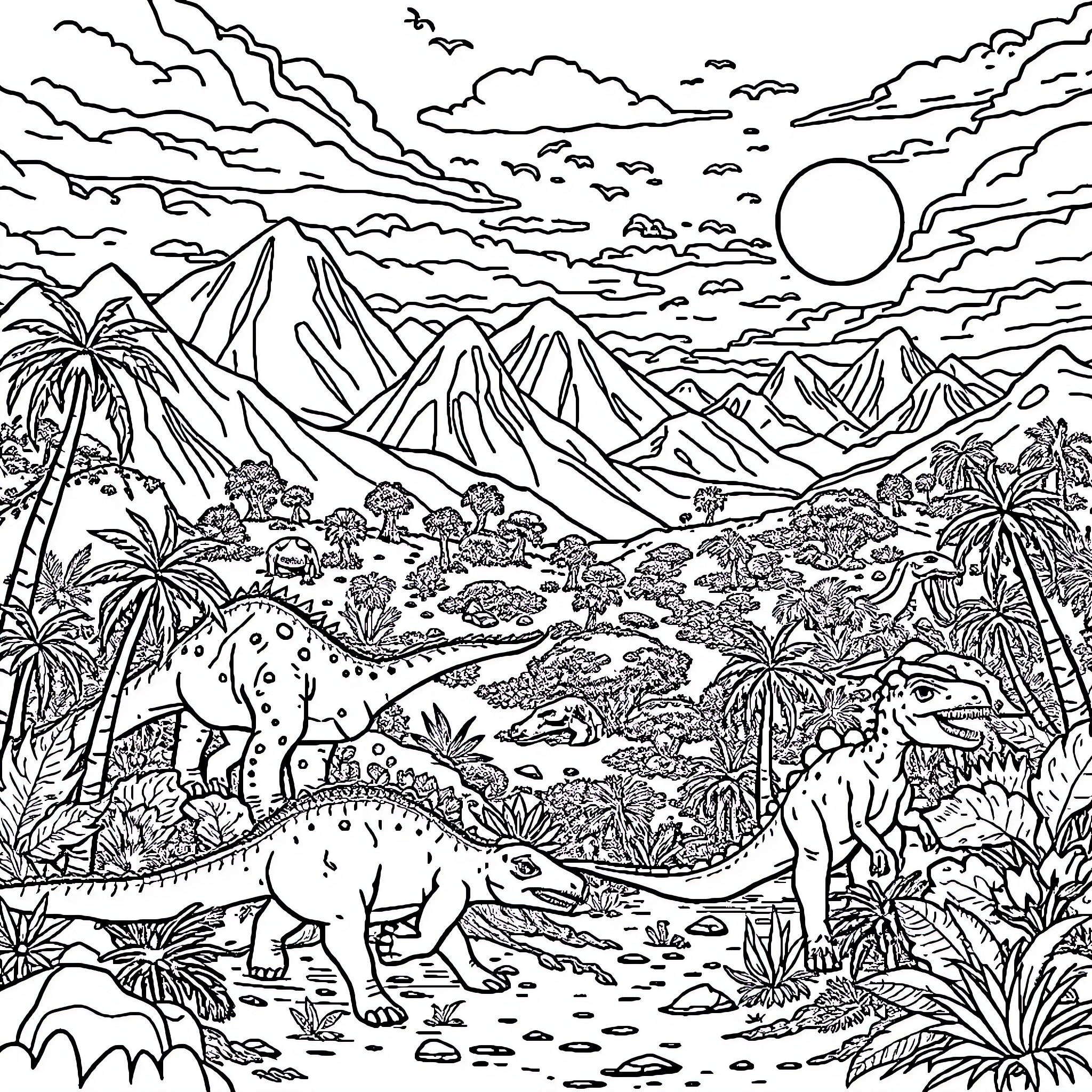 Jurassic Landscape with Dinosaurs Roaming Coloring Page (free black-and-white line drawing printable PDF for all, from beginners to advanced learners, including children, teens, adults, and seniors)