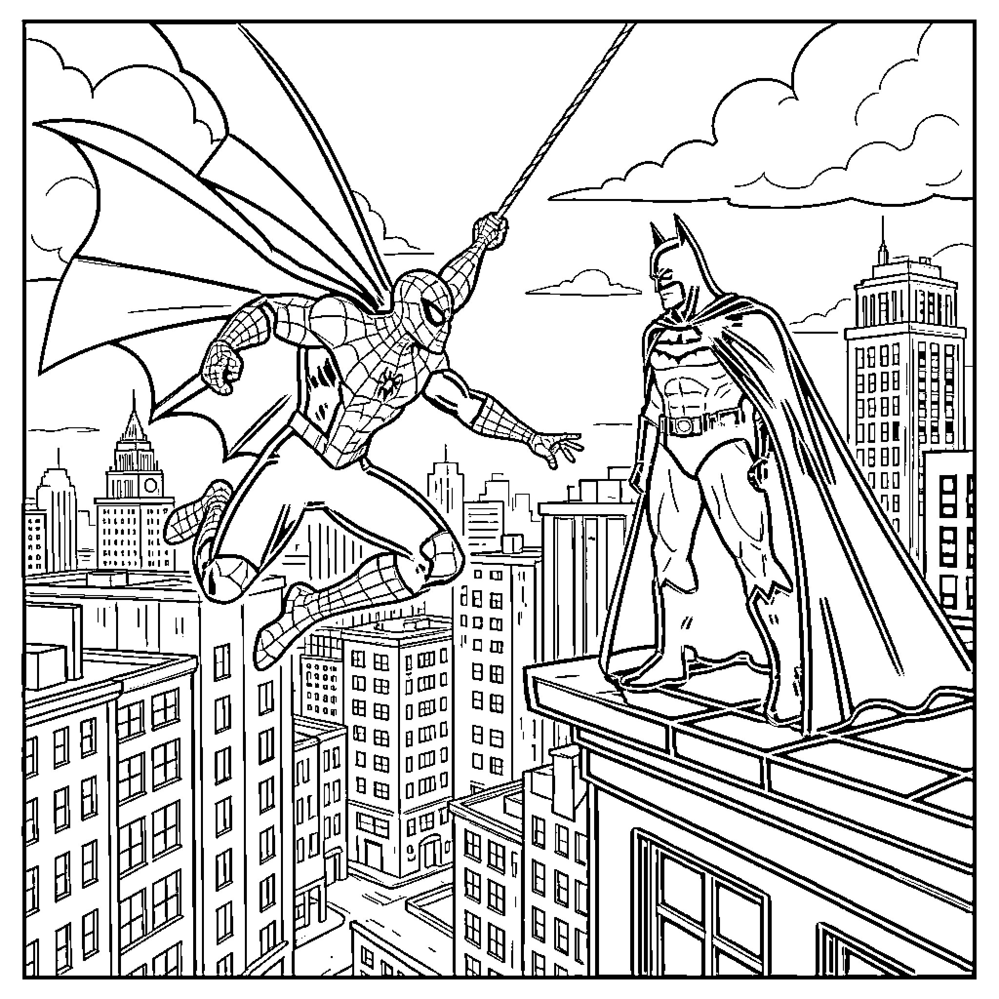 Spider-Man and Batman soar above the city Coloring Page (free black-and-white line drawing printable PDF for all, from beginners to advanced learners, including children, teens, adults, and seniors)