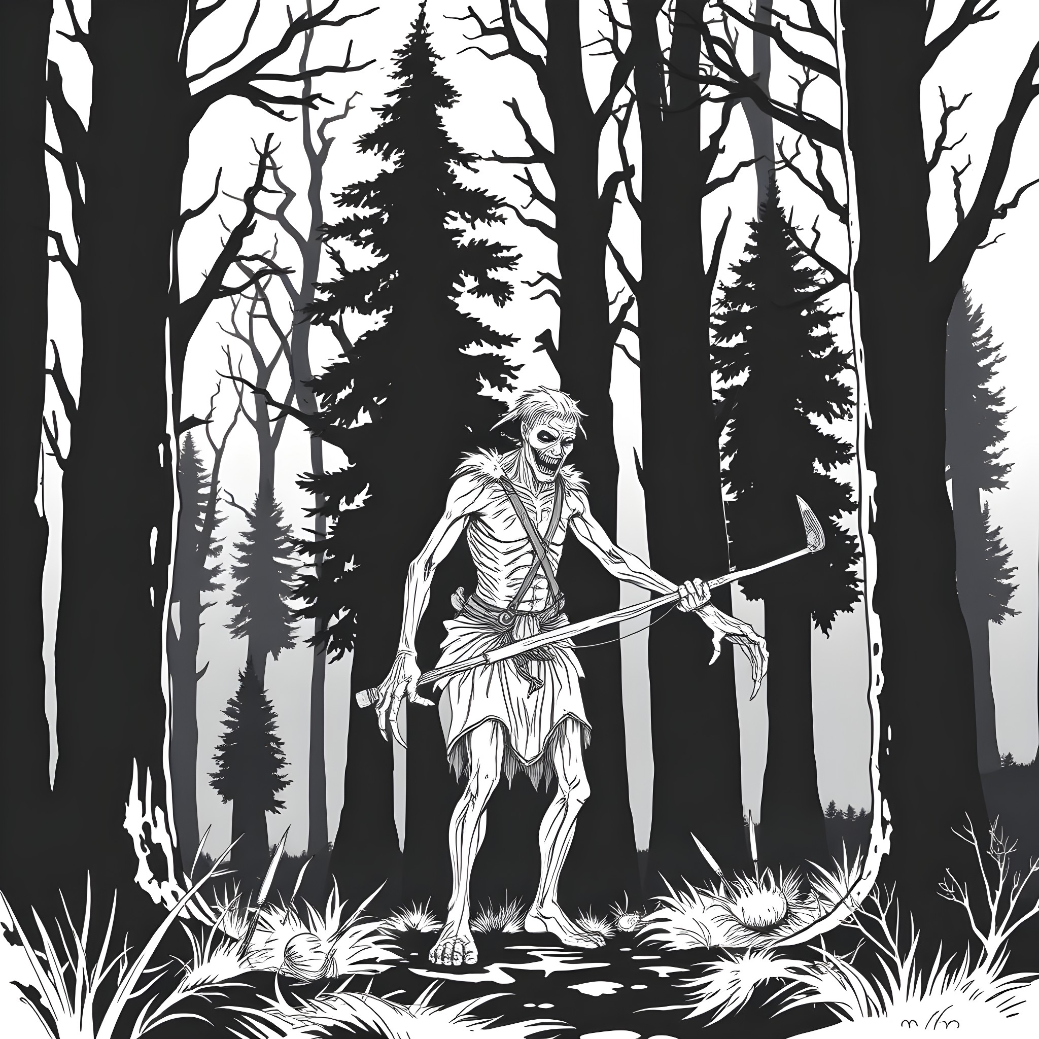 Hunter Stalking Prey in Ominous Forest Coloring Page (free black-and-white line drawing printable PDF for all, from beginners to advanced learners, including children, teens, adults, and seniors)
