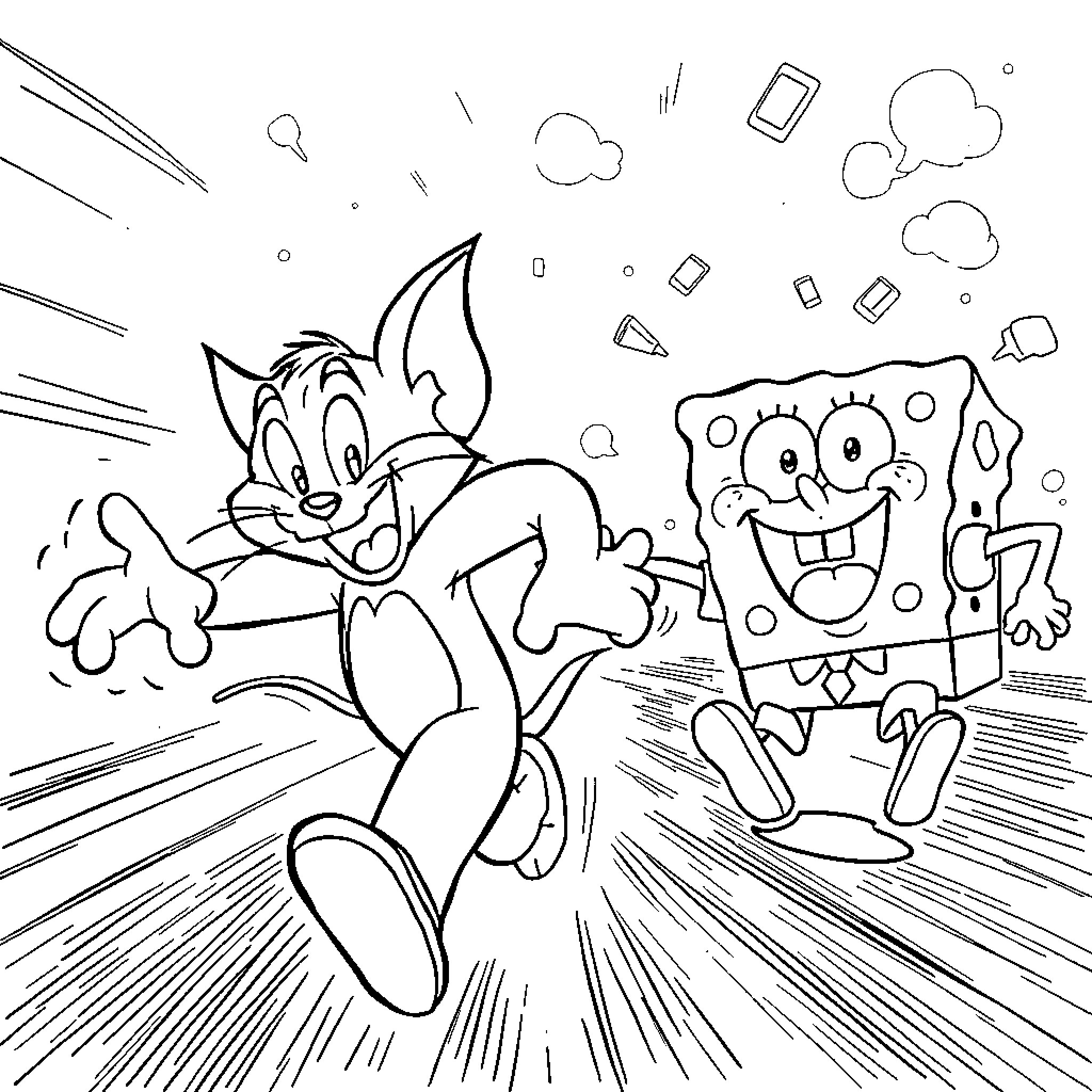 Tom and Jerry in a Comical Pursuit Coloring Page (free black-and-white line drawing printable PDF for all, from beginners to advanced learners, including children, teens, adults, and seniors)