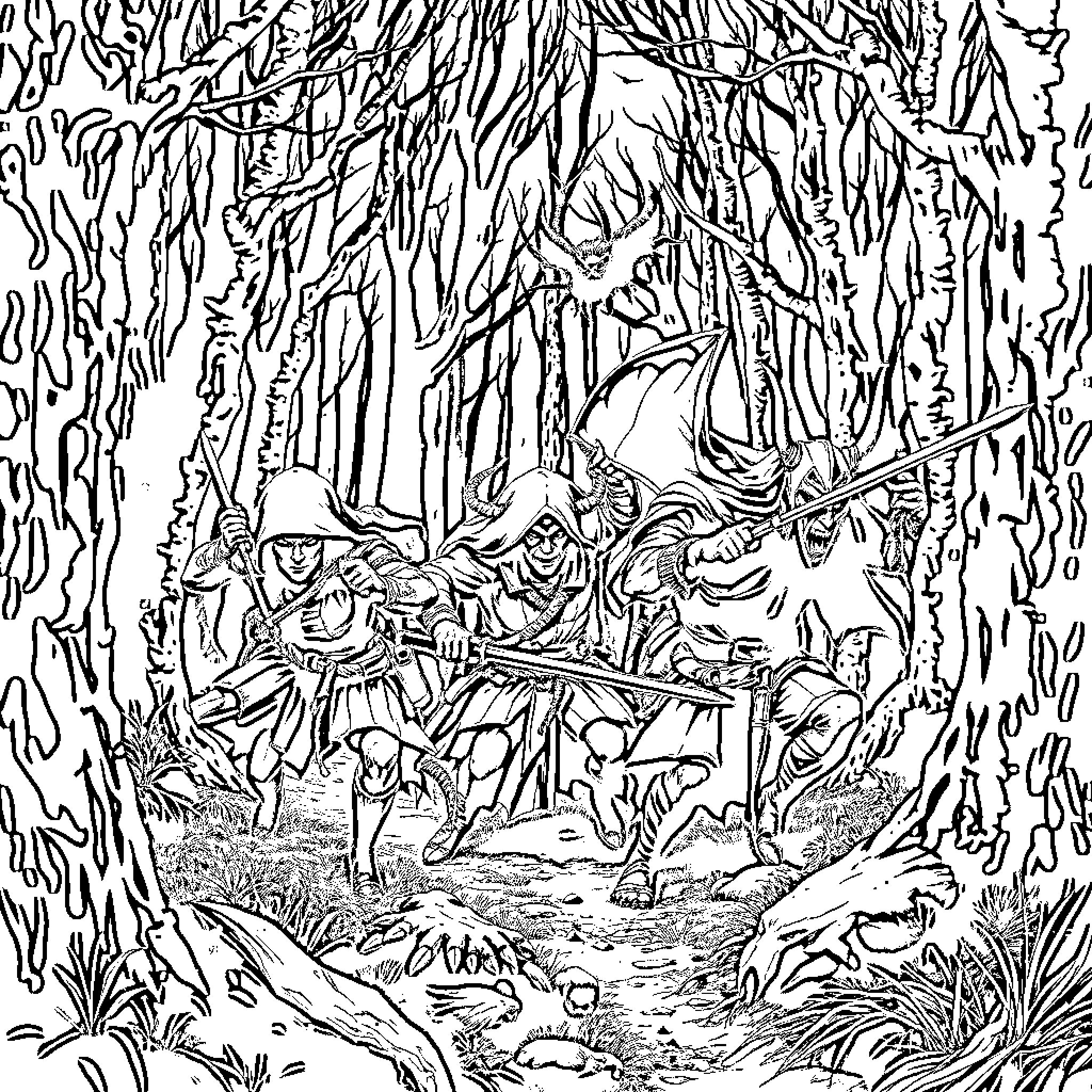 Hunter's Perilous Journey through the Treacherous Forest Coloring Page (free black-and-white line drawing printable PDF for all, from beginners to advanced learners, including children, teens, adults, and seniors)