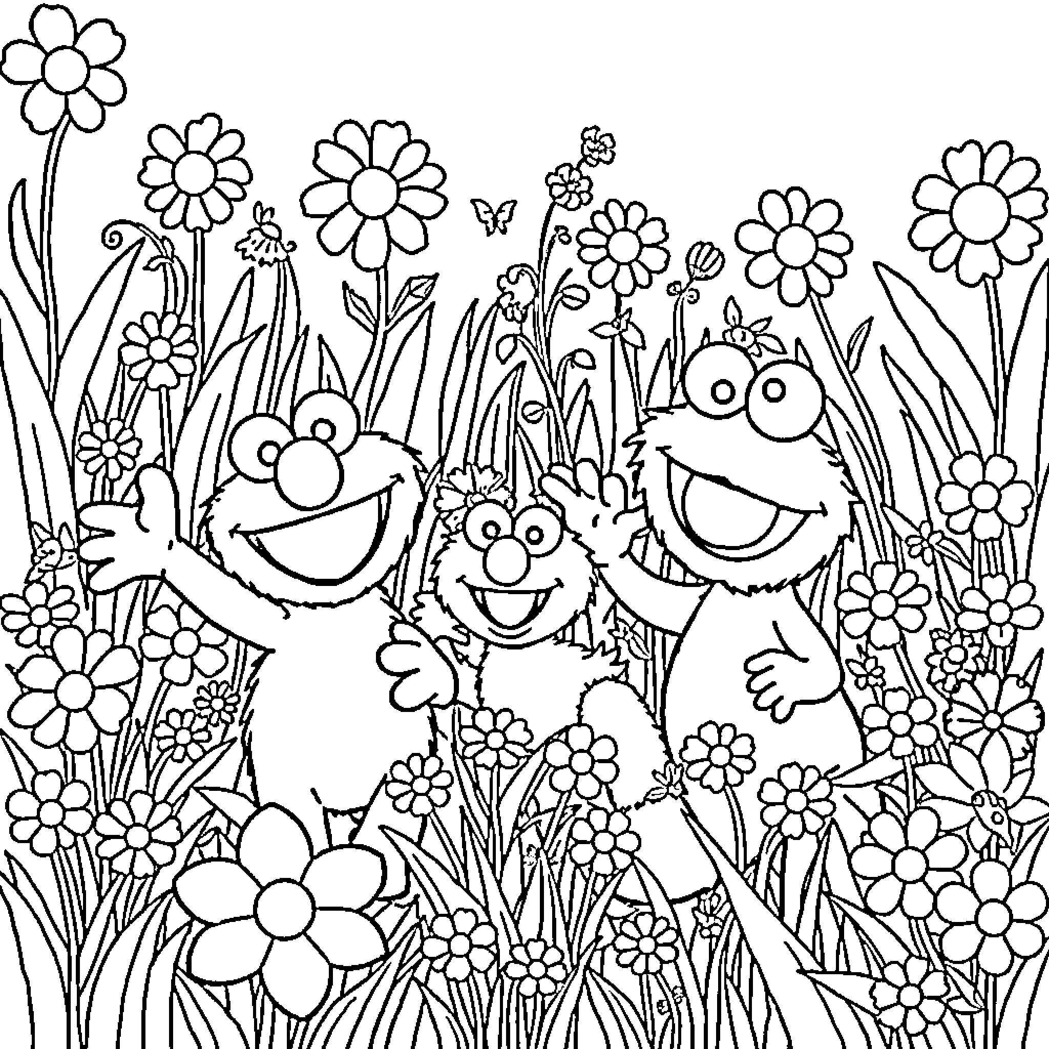 Elmo and friends explore the floral garden Coloring Page (free black-and-white line drawing printable PDF for all, from beginners to advanced learners, including children, teens, adults, and seniors)