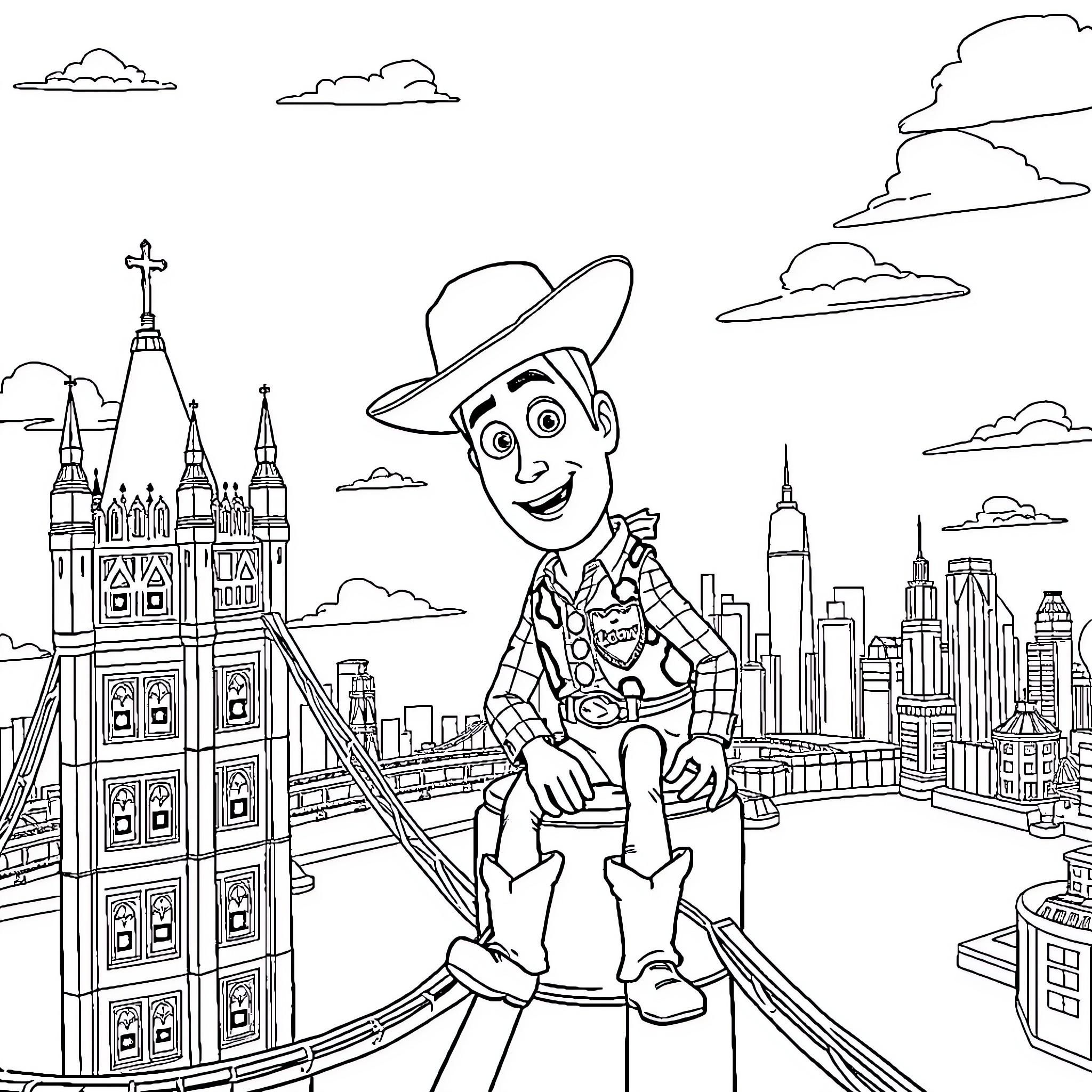 Woody's Exciting City Adventure Coloring Page (free black-and-white line drawing printable PDF for all, from beginners to advanced learners, including children, teens, adults, and seniors)
